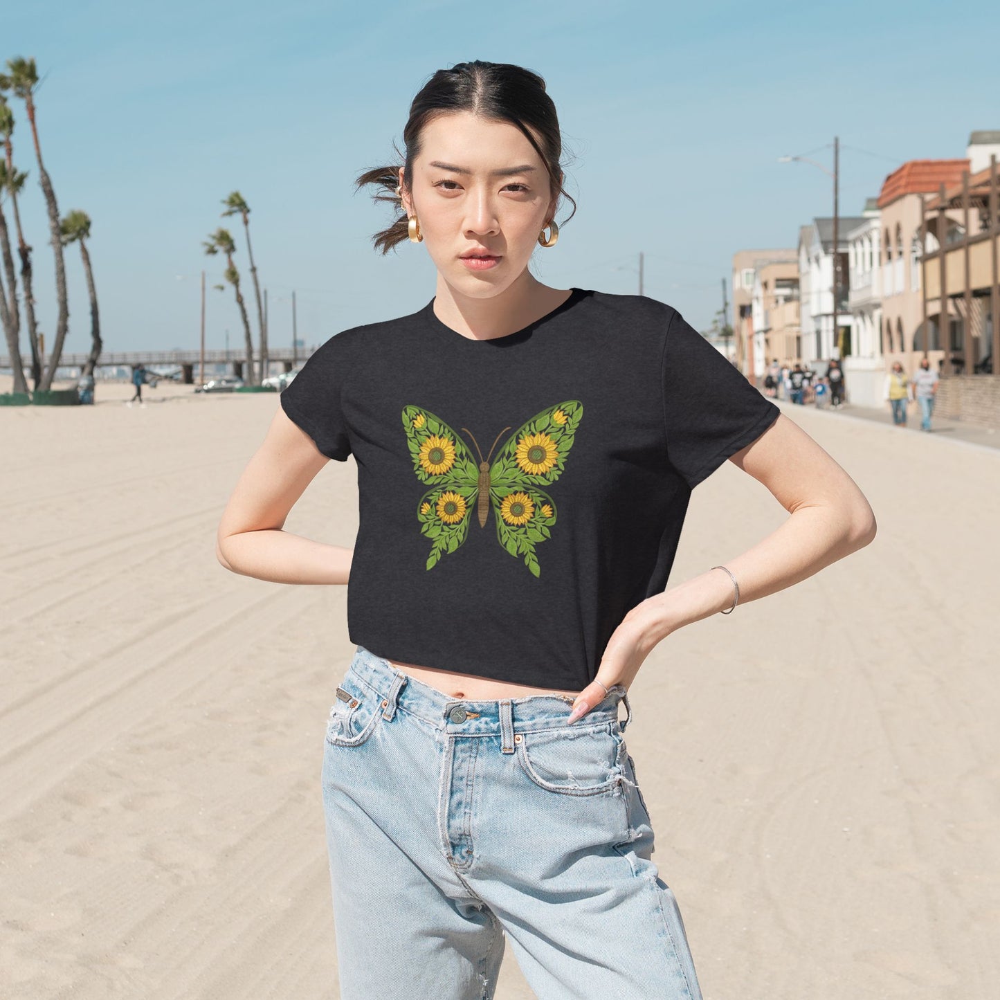 Sunflower Butterfly Cropped Tee — Floral Butterfly Graphic Top for Women
