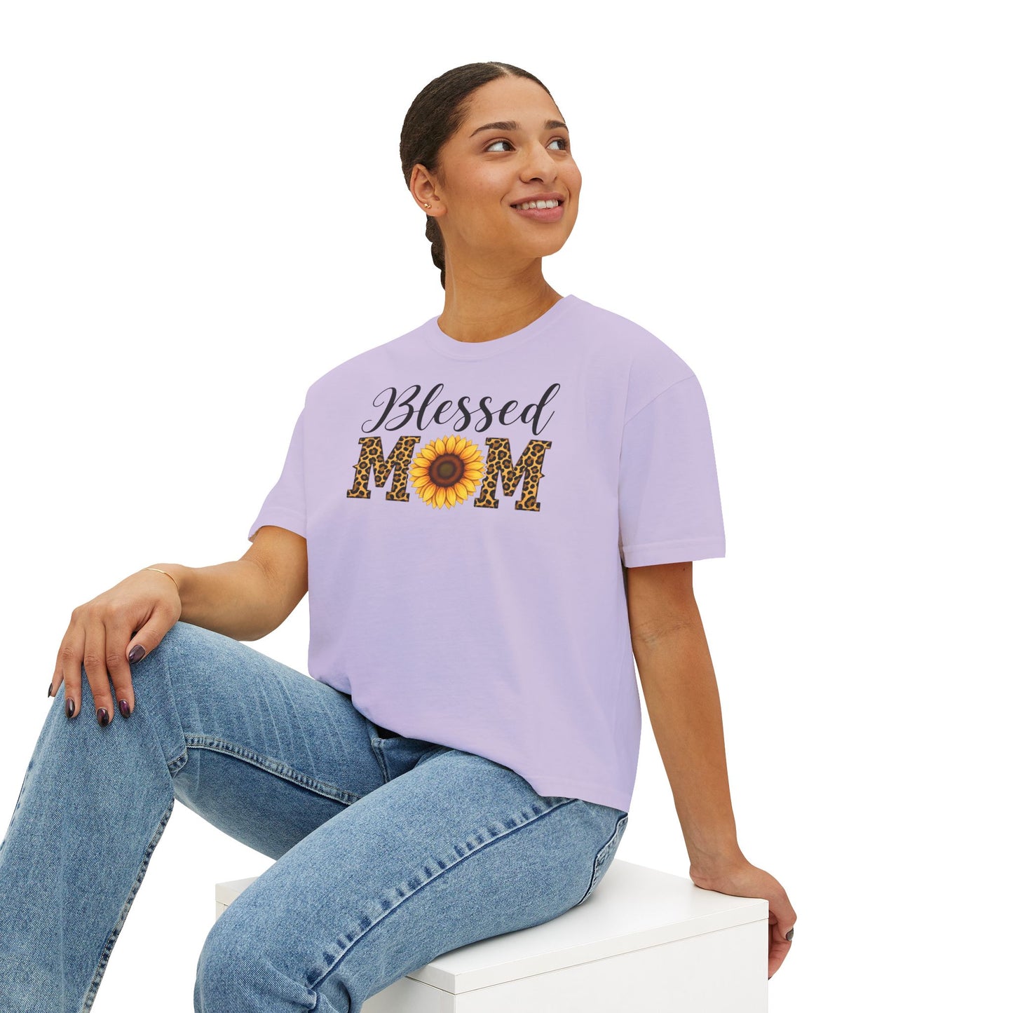 Blessed Mom Boxy Tee — Sunflower & Leopard Mother's Day Shirt