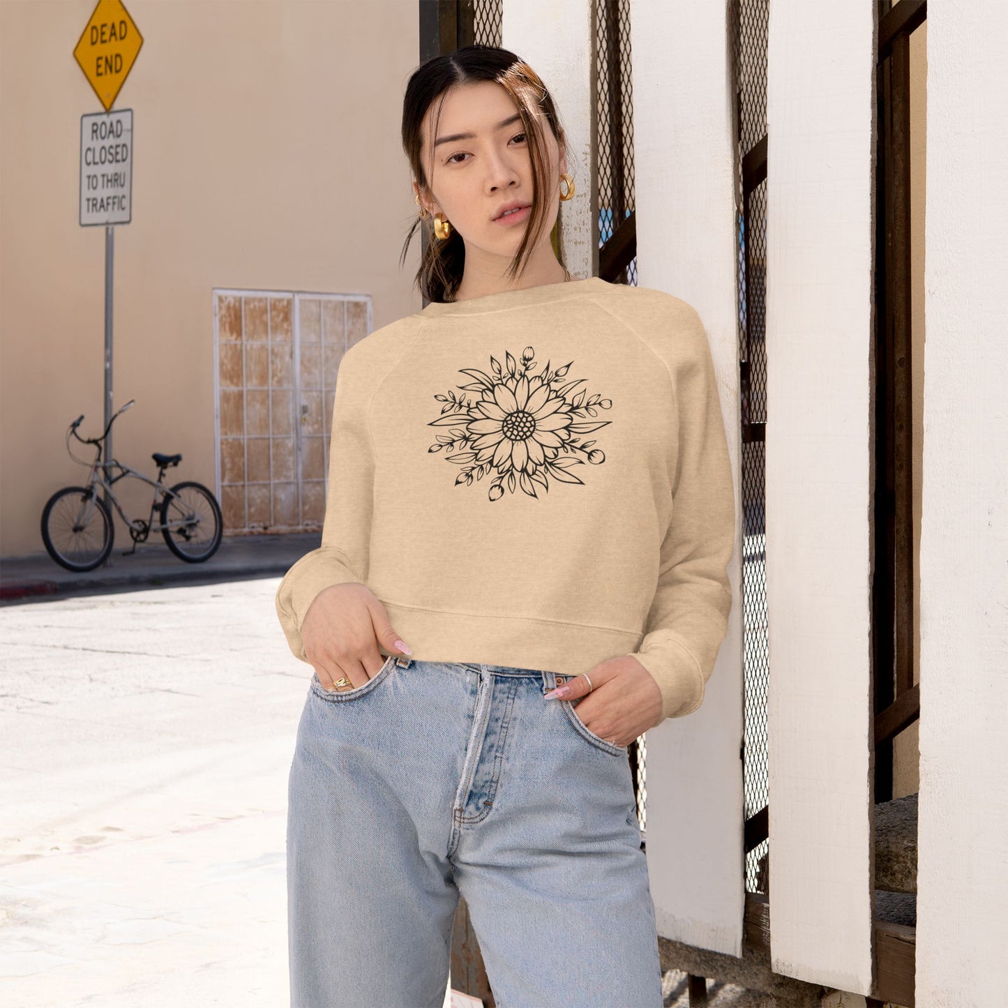 Cropped Pullover — Hand-Drawn Sunflower Line Art Sweatshirt