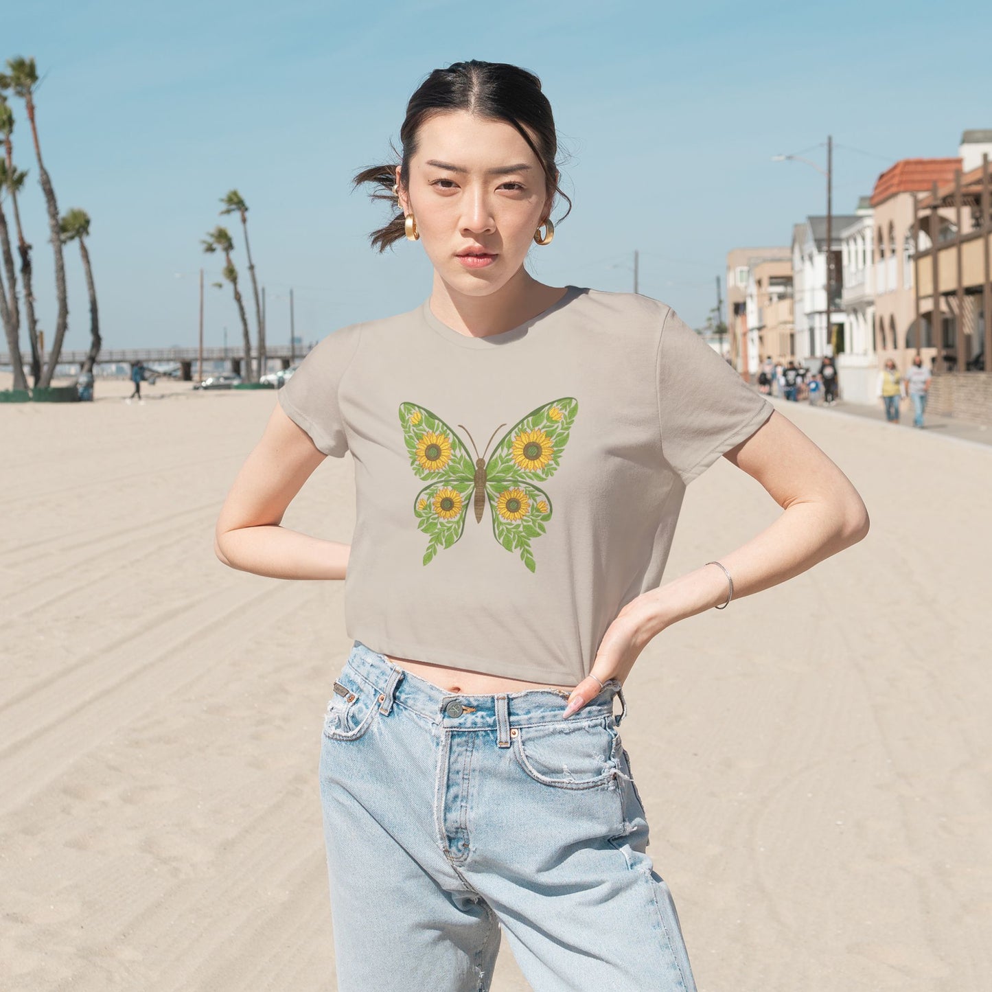Sunflower Butterfly Cropped Tee — Floral Butterfly Graphic Top for Women