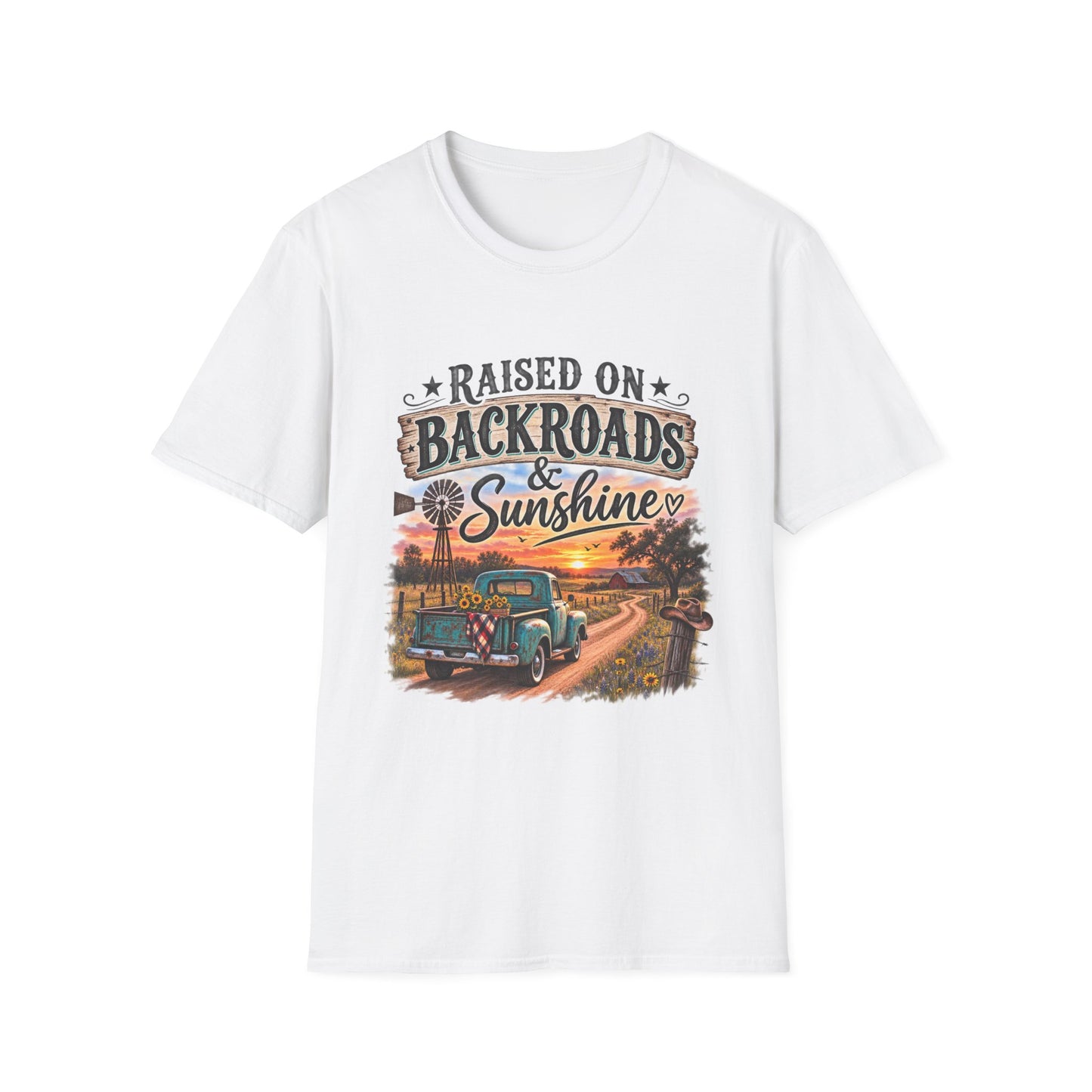 Raised on Backroads & Sunshine T-Shirt — Vintage Country Sunset Tee