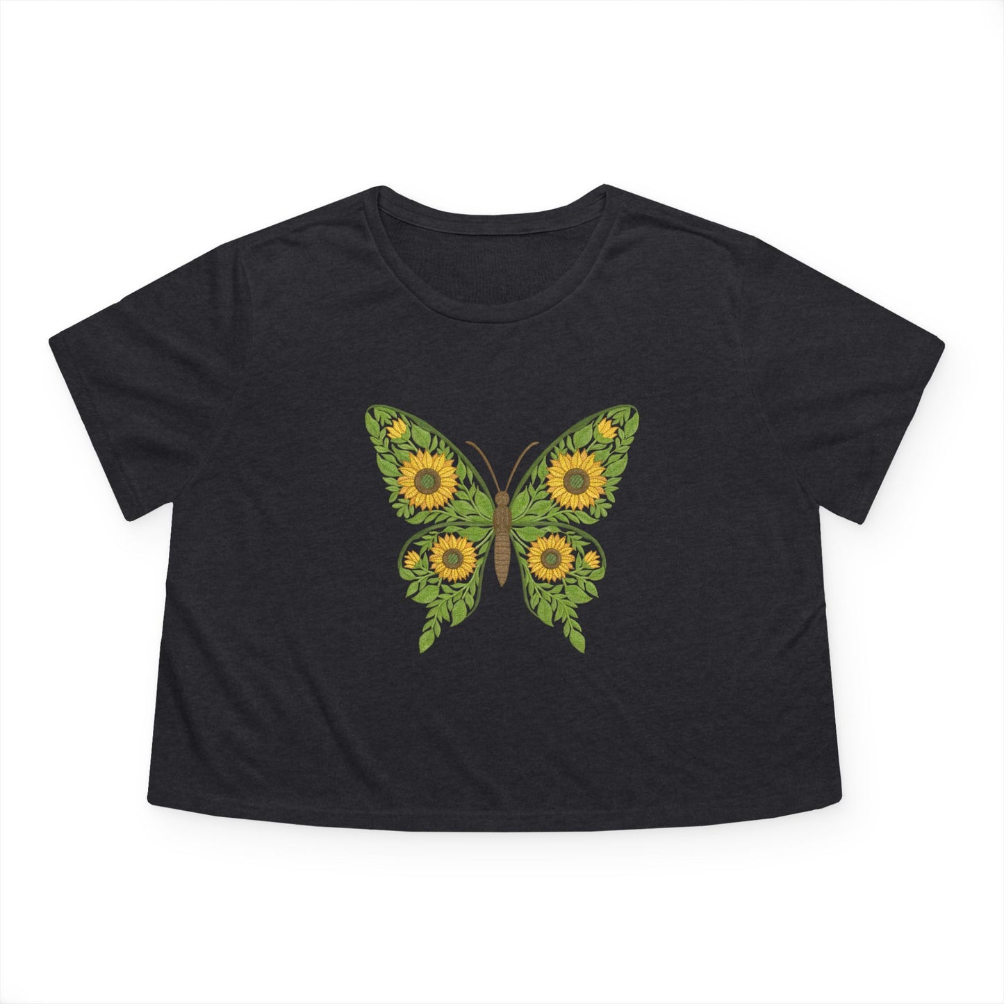 Sunflower Butterfly Cropped Tee — Floral Butterfly Graphic Top for Women