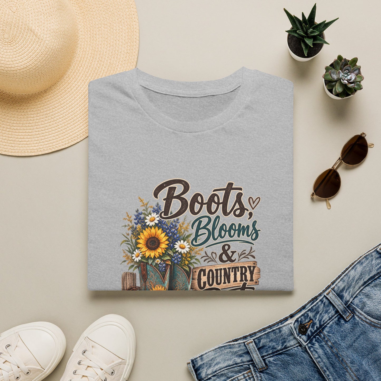 Boots, Blooms & Country Roots T-Shirt — Sunflower Cowboy Boot Graphic Tee