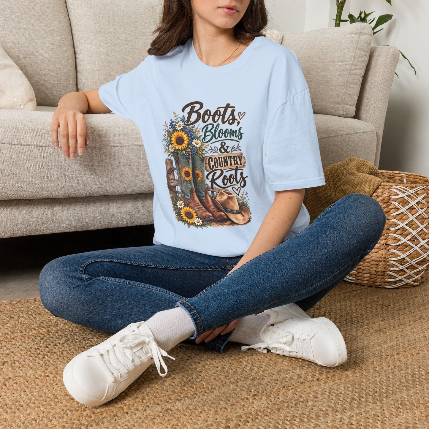 Boots, Blooms & Country Roots T-Shirt — Sunflower Cowboy Boot Graphic Tee