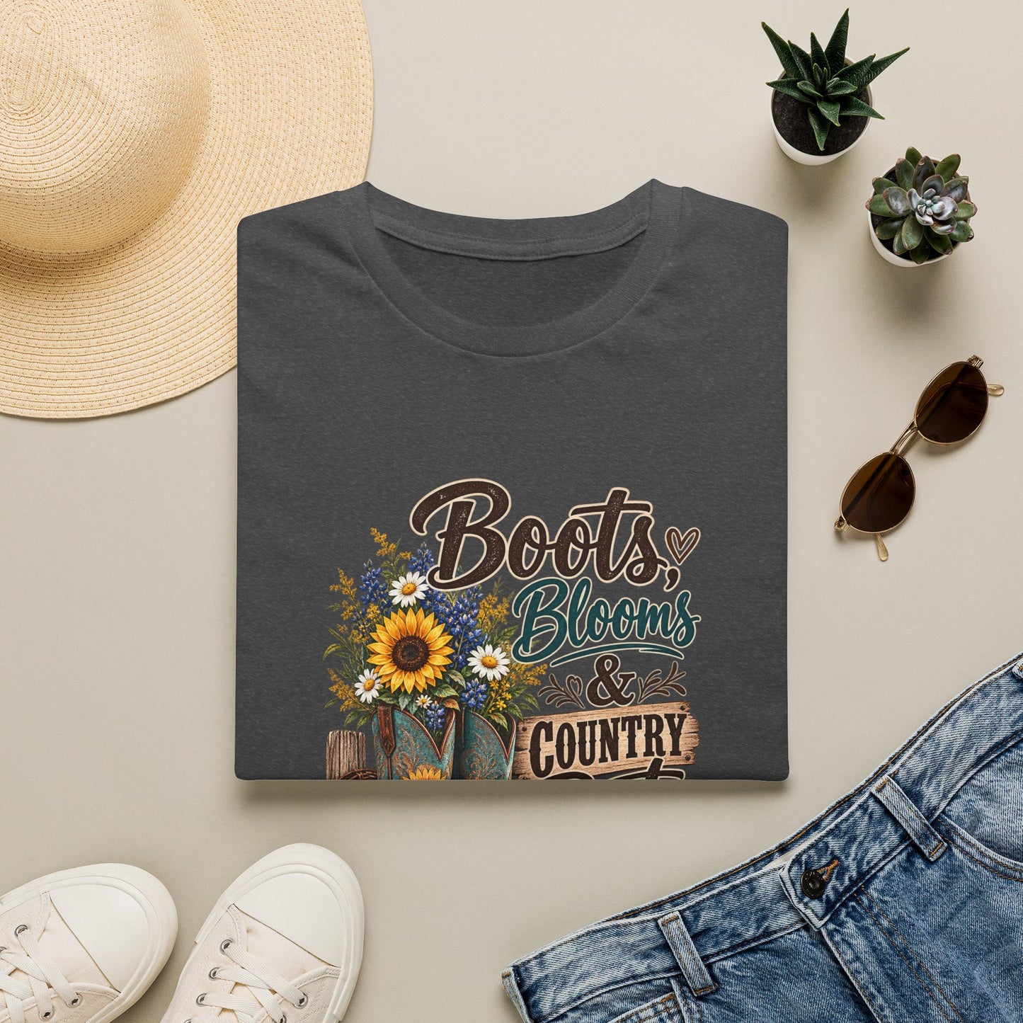 Boots, Blooms & Country Roots T-Shirt — Sunflower Cowboy Boot Graphic Tee