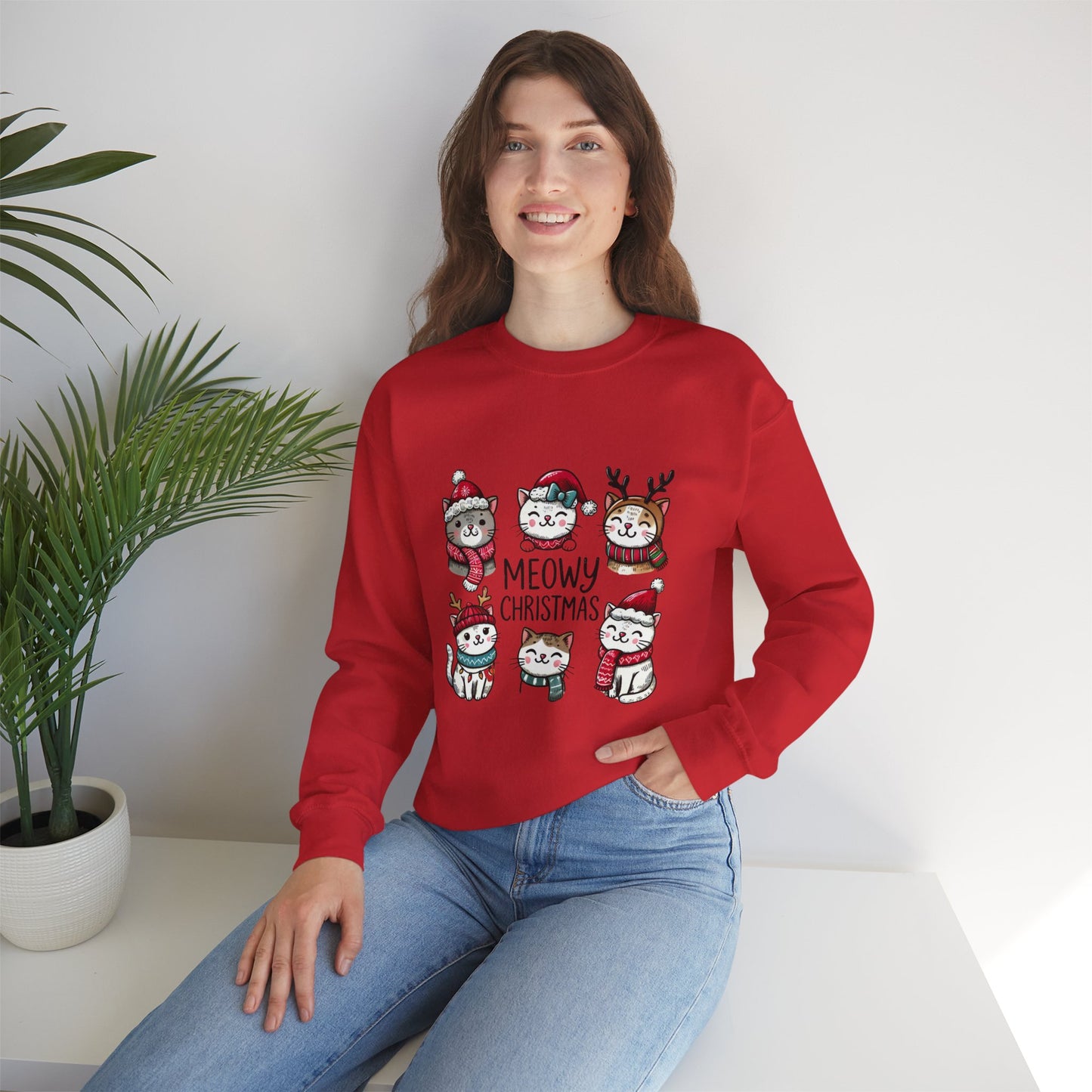 Holiday Sweatshirt — "Meowy Christmas" Cute Cat Crewneck for Cat Lovers