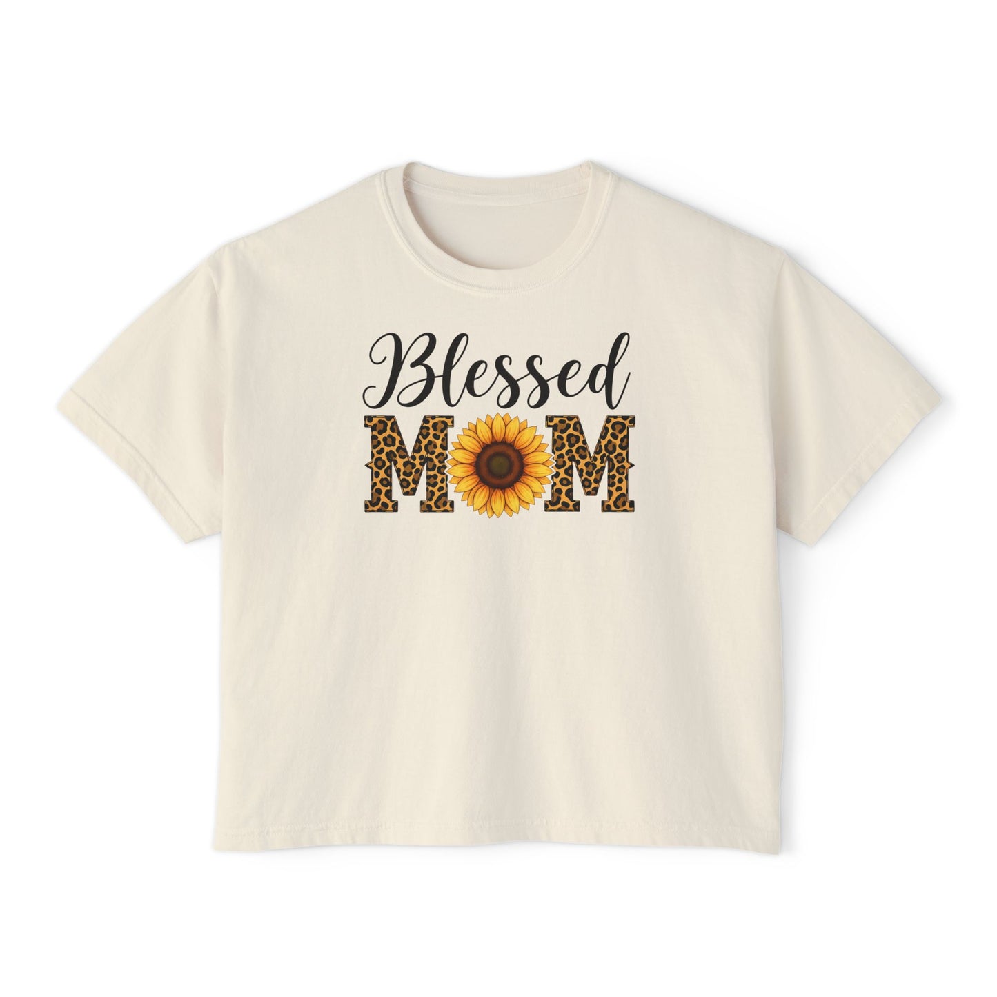 Blessed Mom Boxy Tee — Sunflower & Leopard Mother's Day Shirt