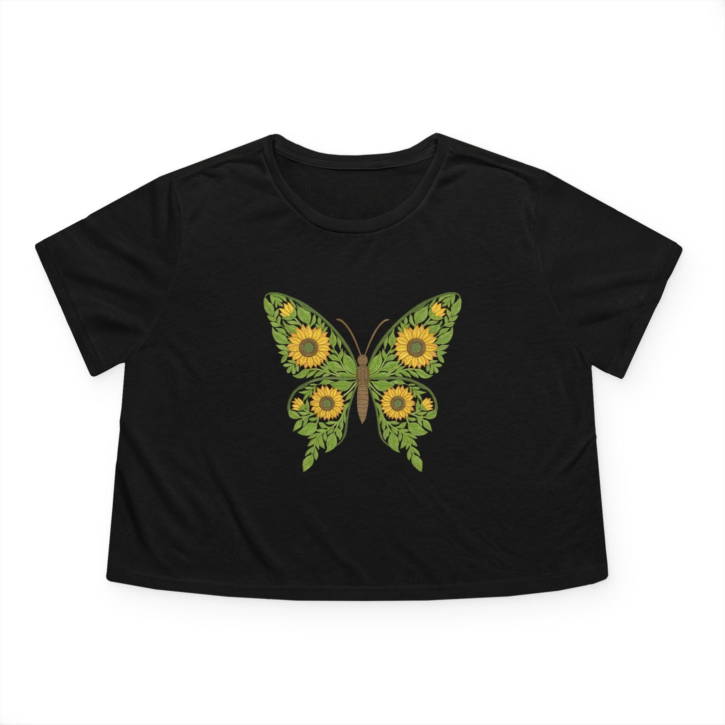 Sunflower Butterfly Cropped Tee — Floral Butterfly Graphic Top for Women
