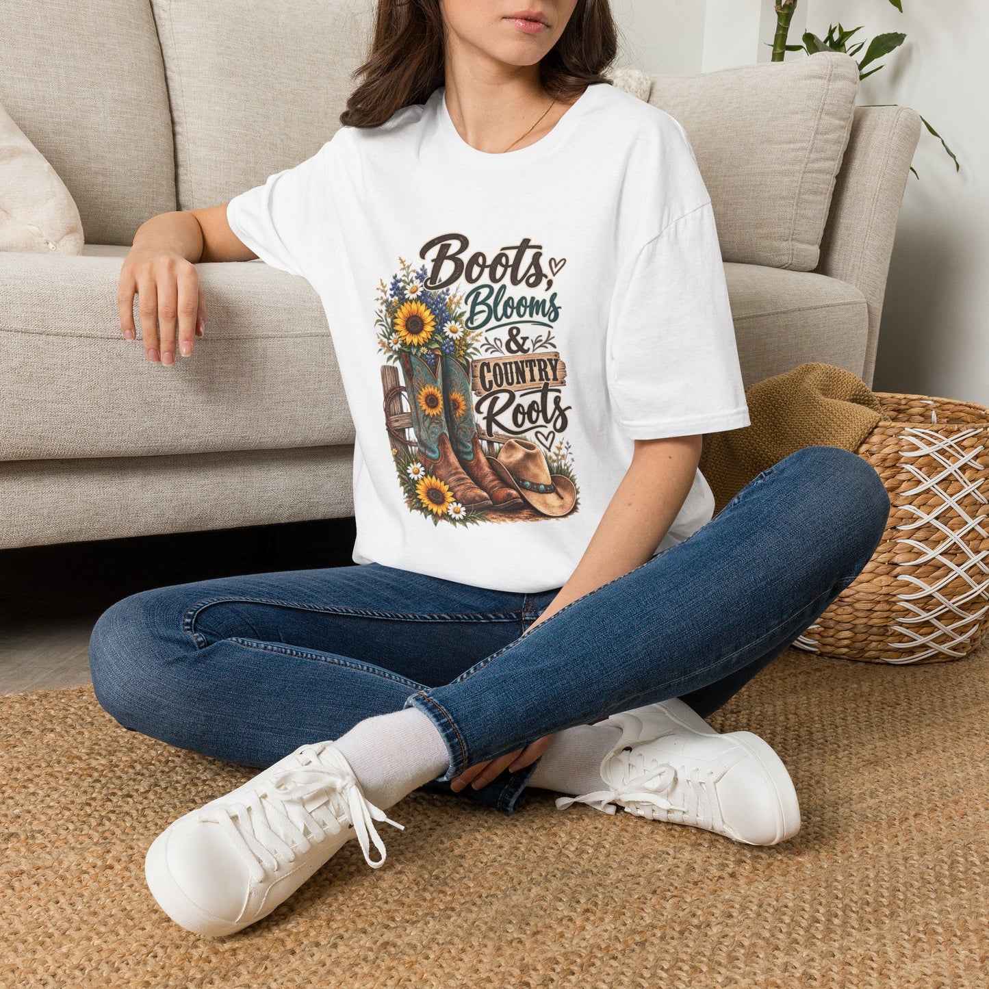 Boots, Blooms & Country Roots T-Shirt — Sunflower Cowboy Boot Graphic Tee