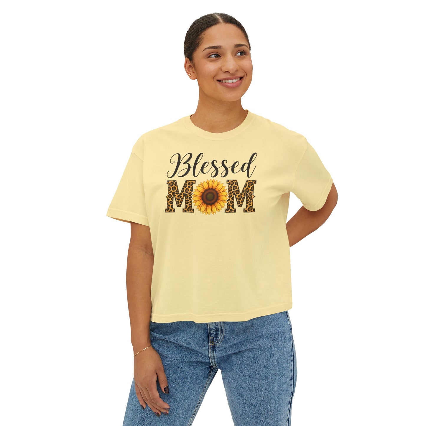 Blessed Mom Boxy Tee — Sunflower & Leopard Mother's Day Shirt