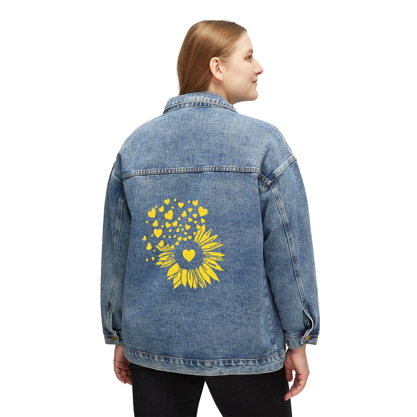 Women's Denim Jacket with Yellow Sunflower & Heart Back Print — Cute Casual Spring Jacket