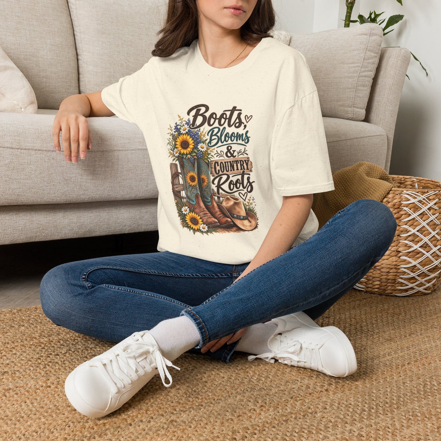Boots, Blooms & Country Roots T-Shirt — Sunflower Cowboy Boot Graphic Tee