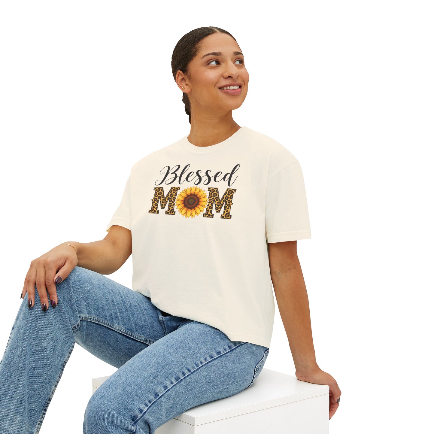 Blessed Mom Boxy Tee — Sunflower & Leopard Mother's Day Shirt