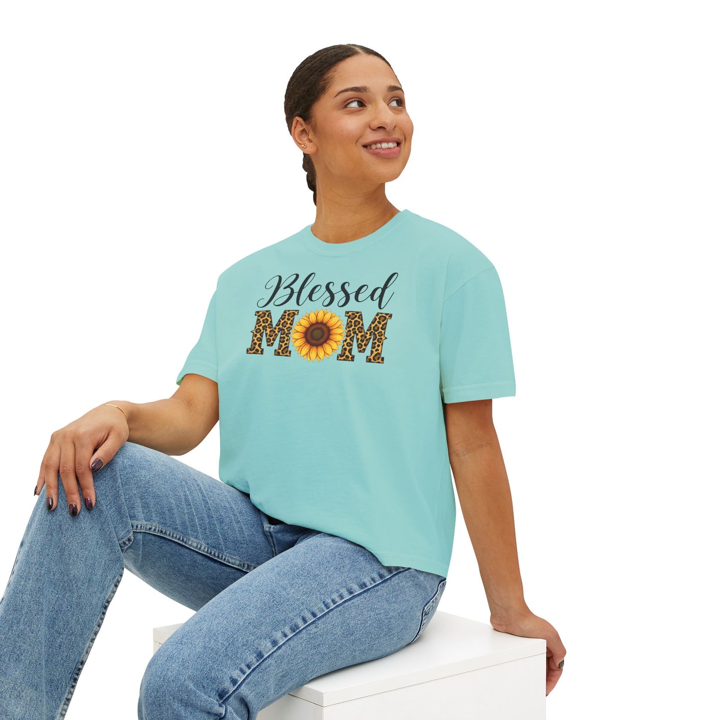 Blessed Mom Boxy Tee — Sunflower & Leopard Mother's Day Shirt