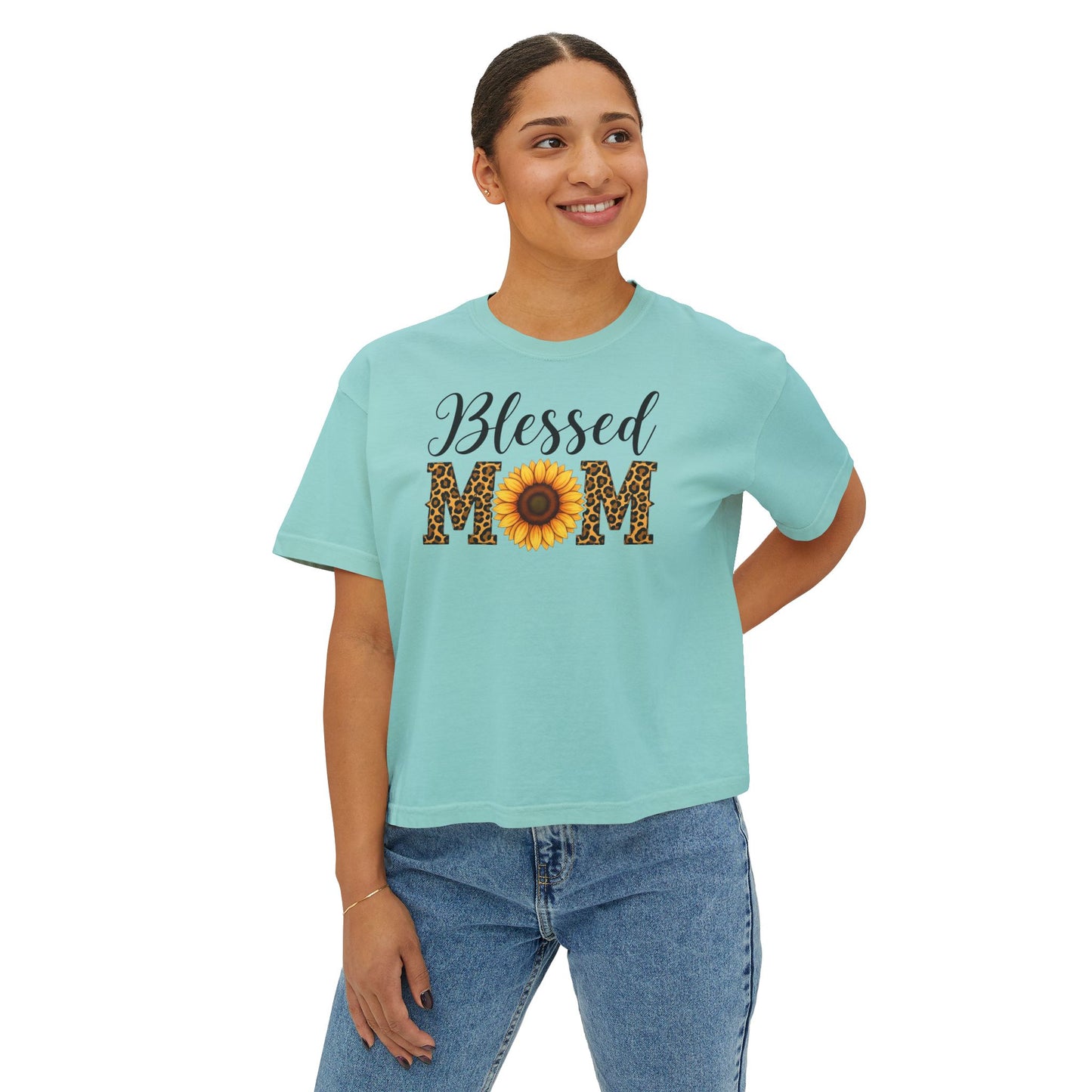 Blessed Mom Boxy Tee — Sunflower & Leopard Mother's Day Shirt