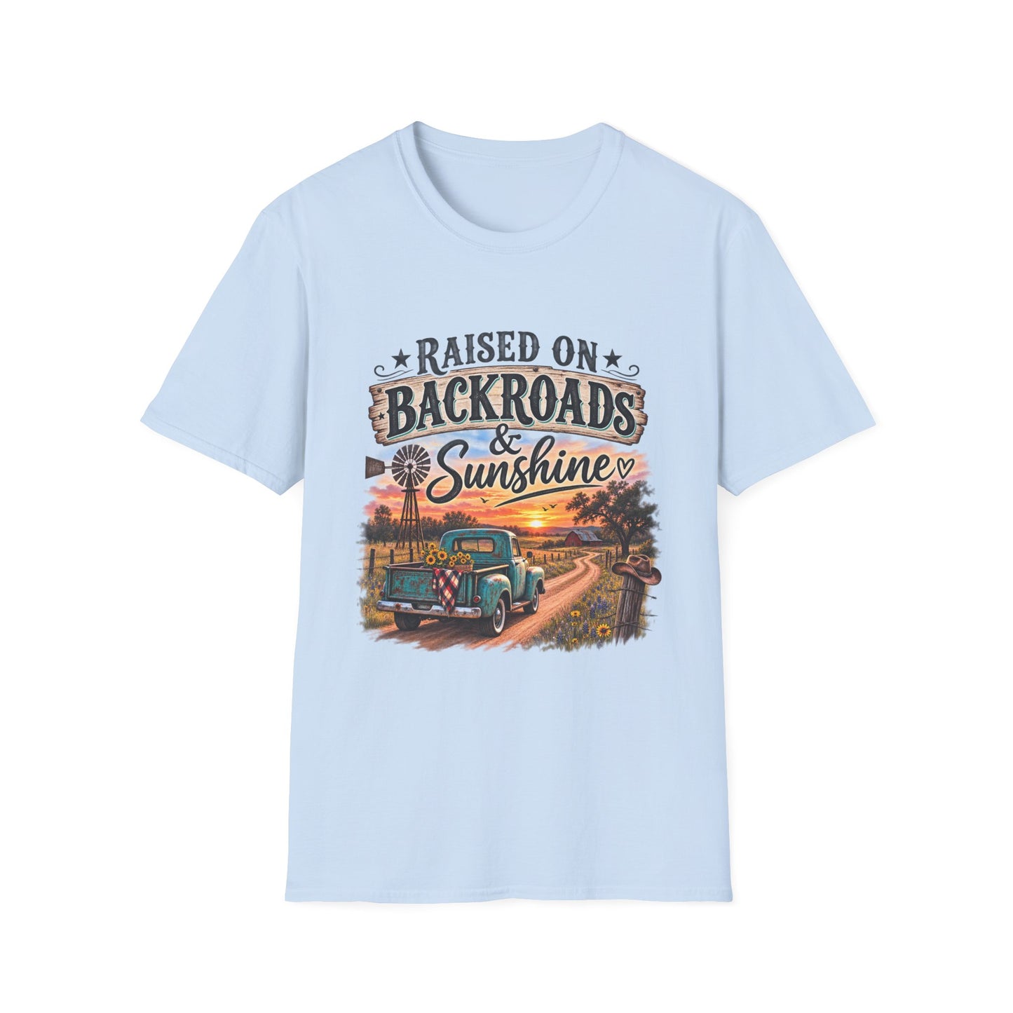 Raised on Backroads & Sunshine T-Shirt — Vintage Country Sunset Tee