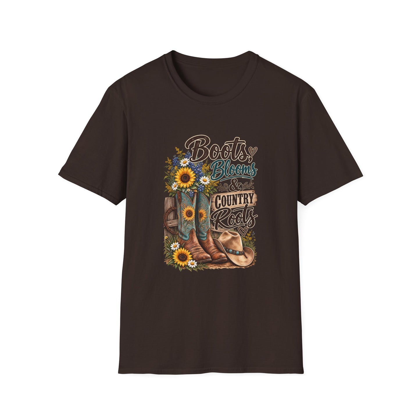 Boots, Blooms & Country Roots T-Shirt — Sunflower Cowboy Boot Graphic Tee