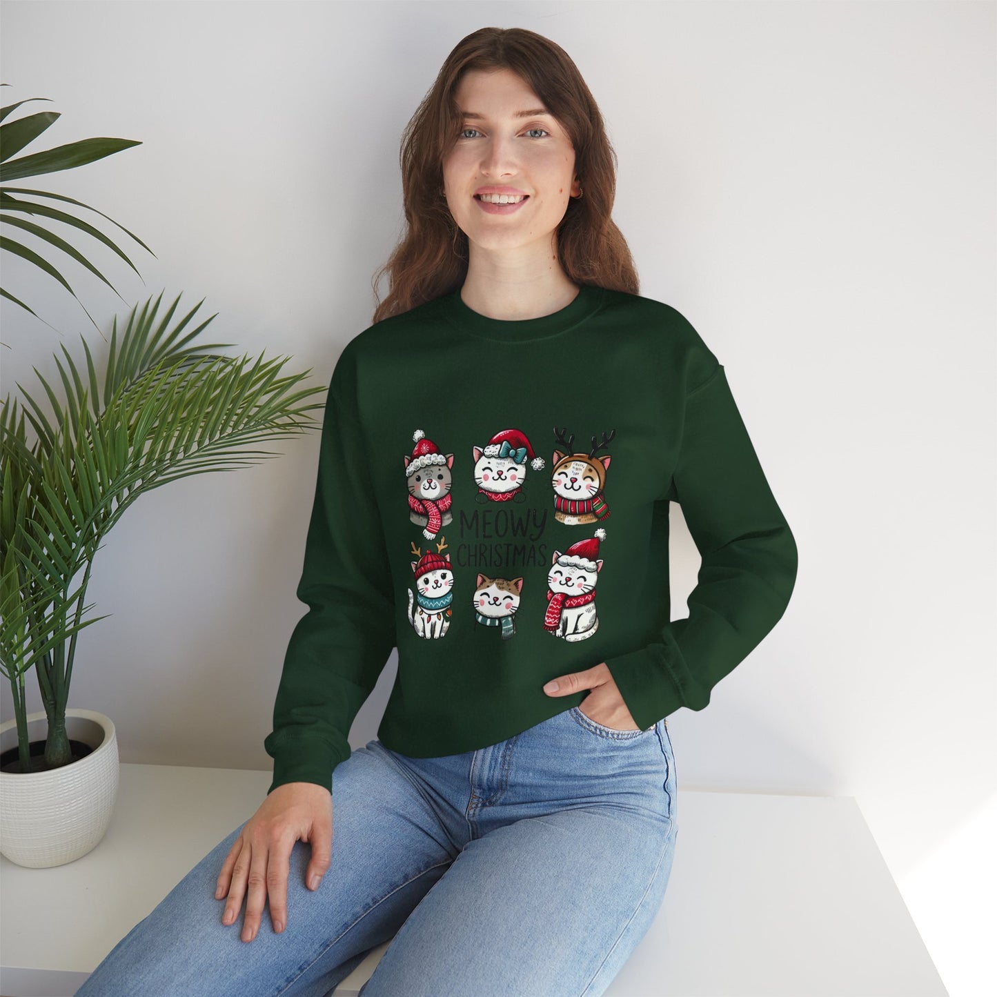Holiday Sweatshirt — "Meowy Christmas" Cute Cat Crewneck for Cat Lovers