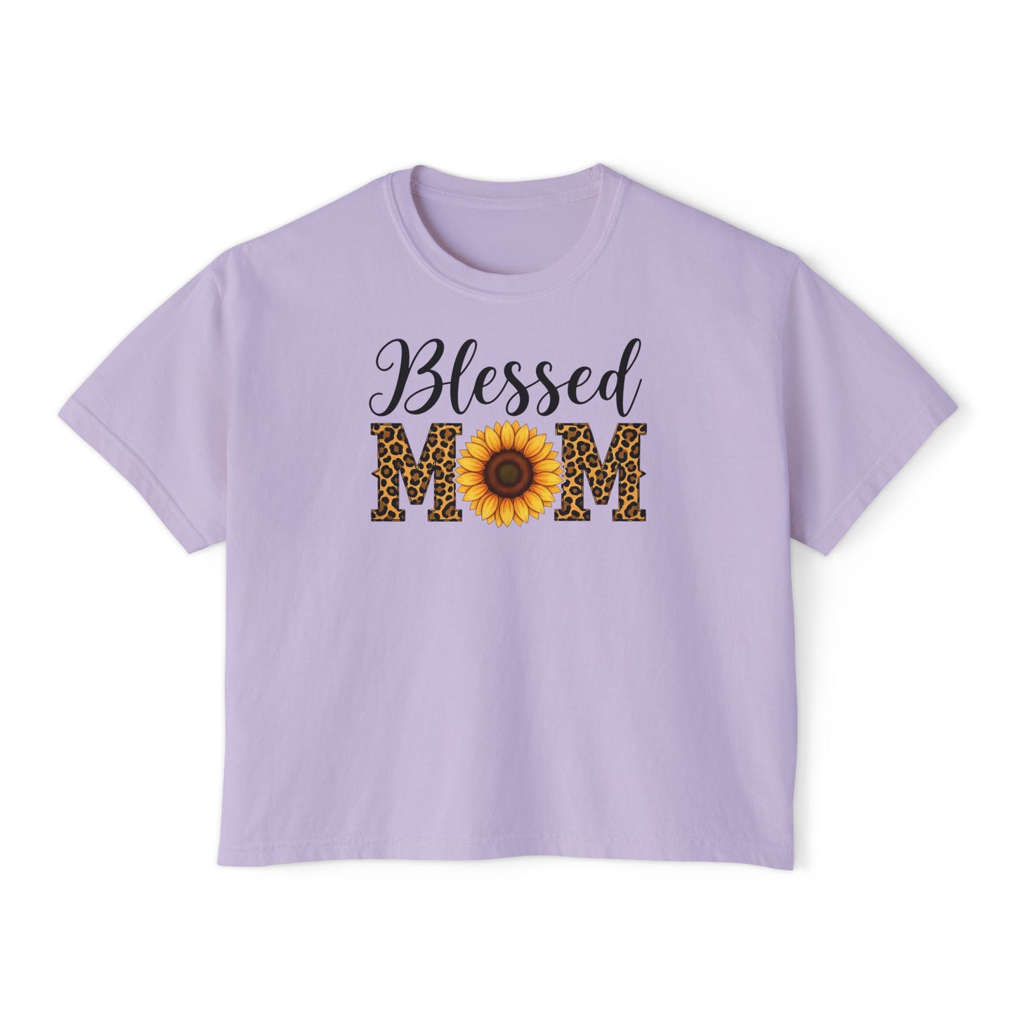 Blessed Mom Boxy Tee — Sunflower & Leopard Mother's Day Shirt