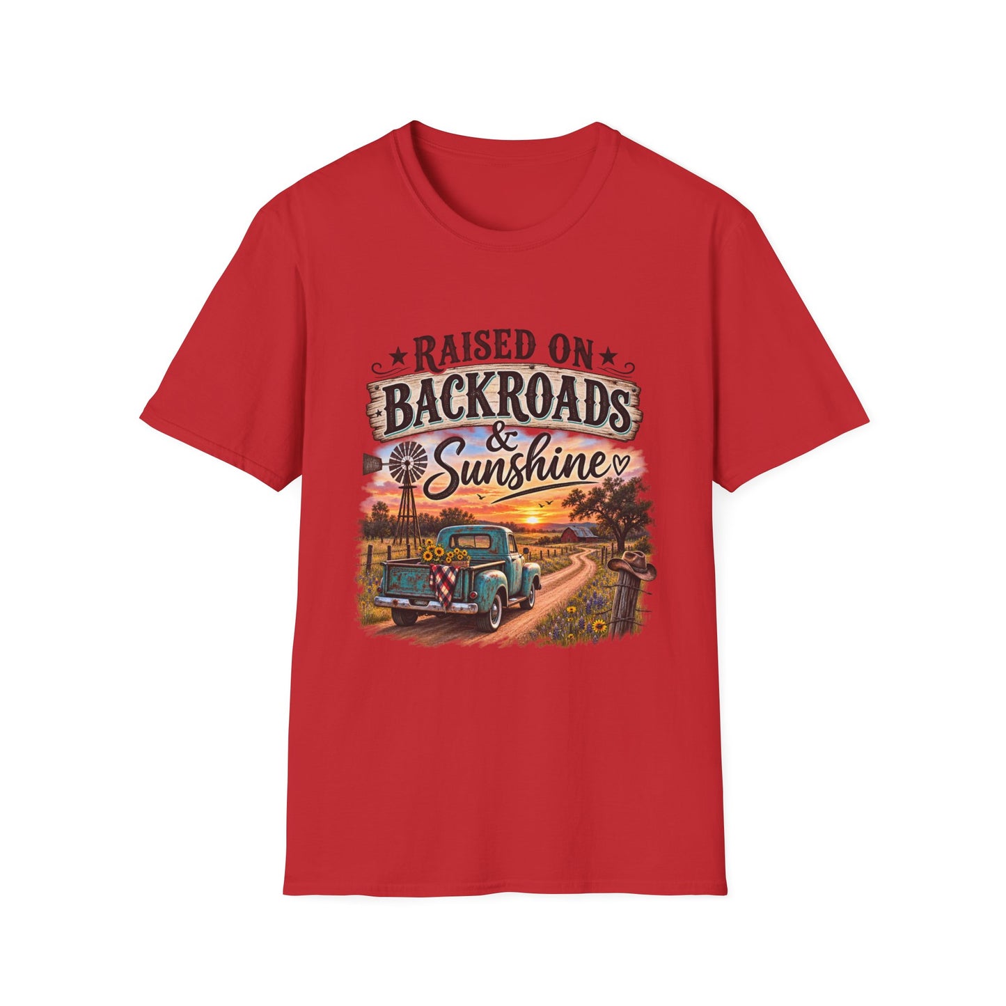 Raised on Backroads & Sunshine T-Shirt — Vintage Country Sunset Tee