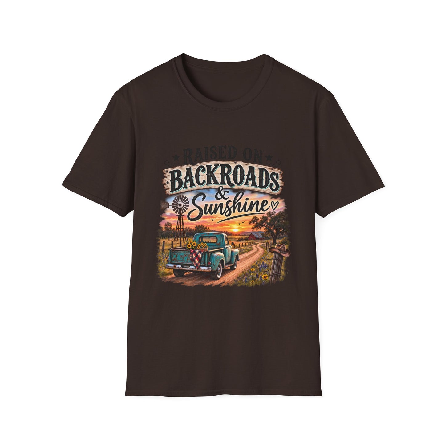 Raised on Backroads & Sunshine T-Shirt — Vintage Country Sunset Tee