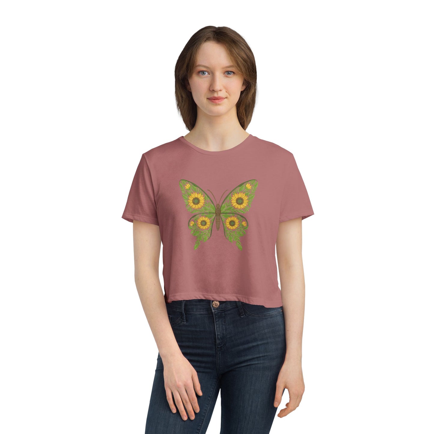 Sunflower Butterfly Cropped Tee — Floral Butterfly Graphic Top for Women