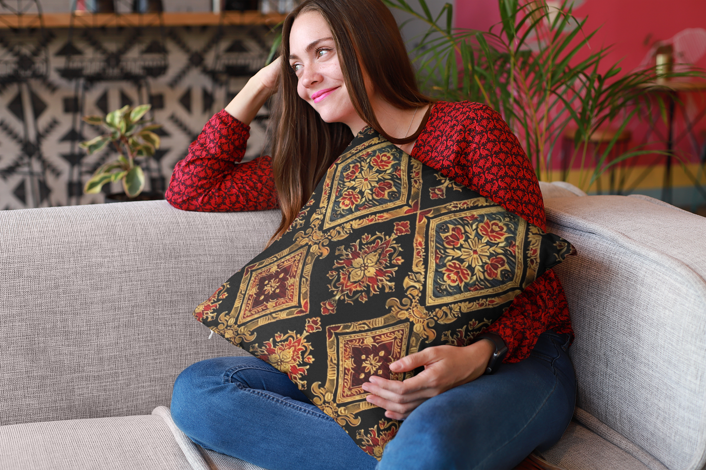 Baroque Damask Throw Pillow — Vintage Gold & Red Ornamental Cushion