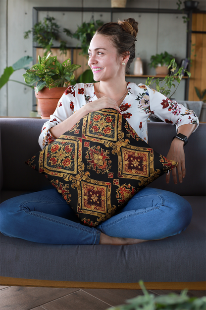 Baroque Damask Throw Pillow — Vintage Gold & Red Ornamental Cushion