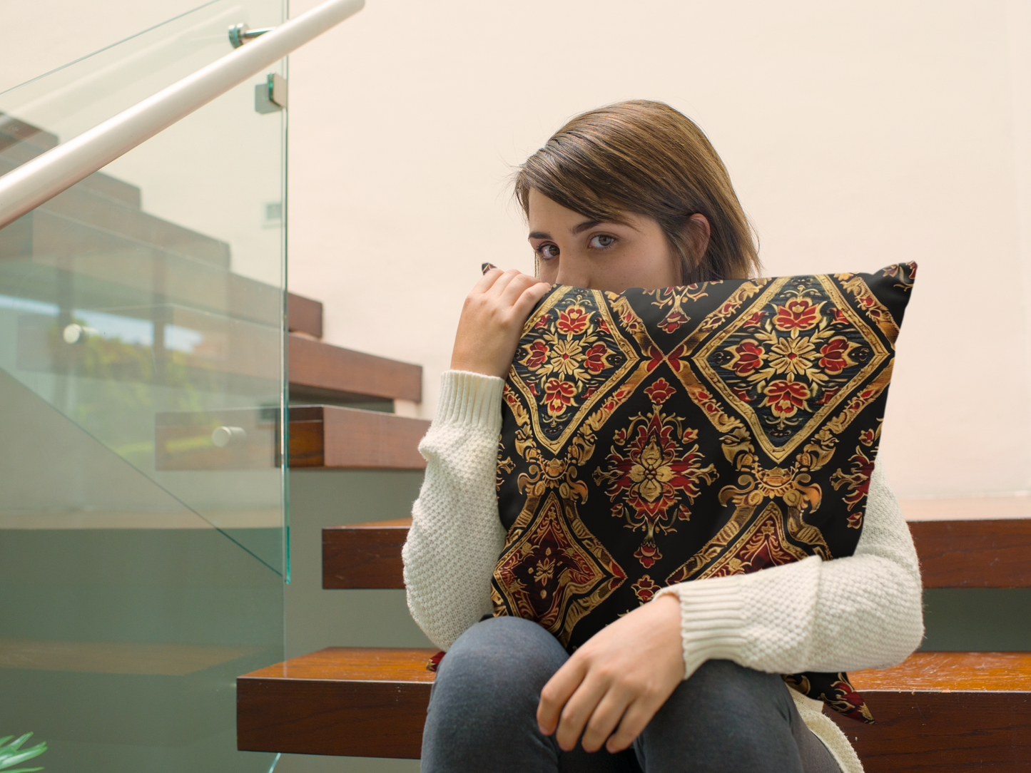 Baroque Damask Throw Pillow — Vintage Gold & Red Ornamental Cushion