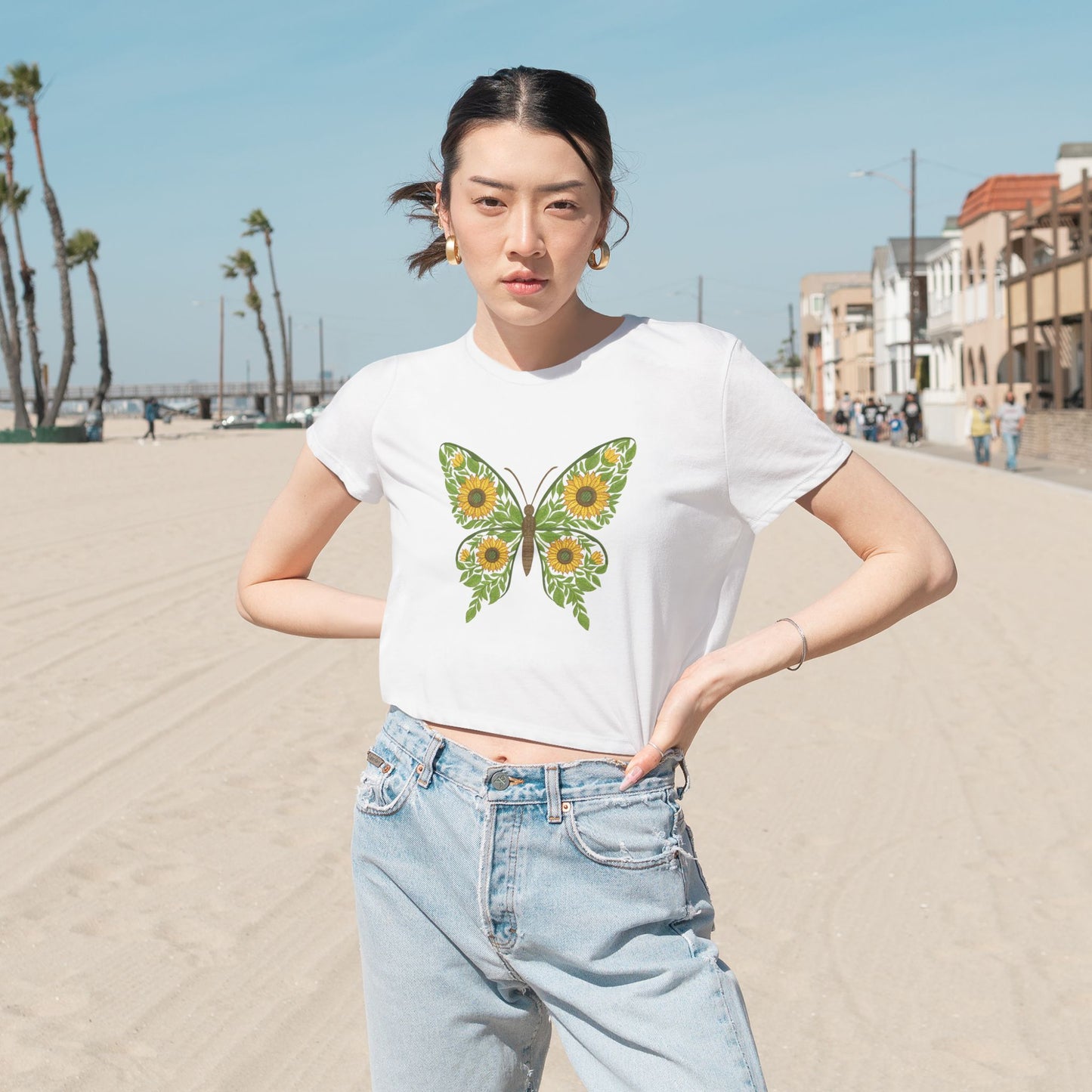 Sunflower Butterfly Cropped Tee — Floral Butterfly Graphic Top for Women