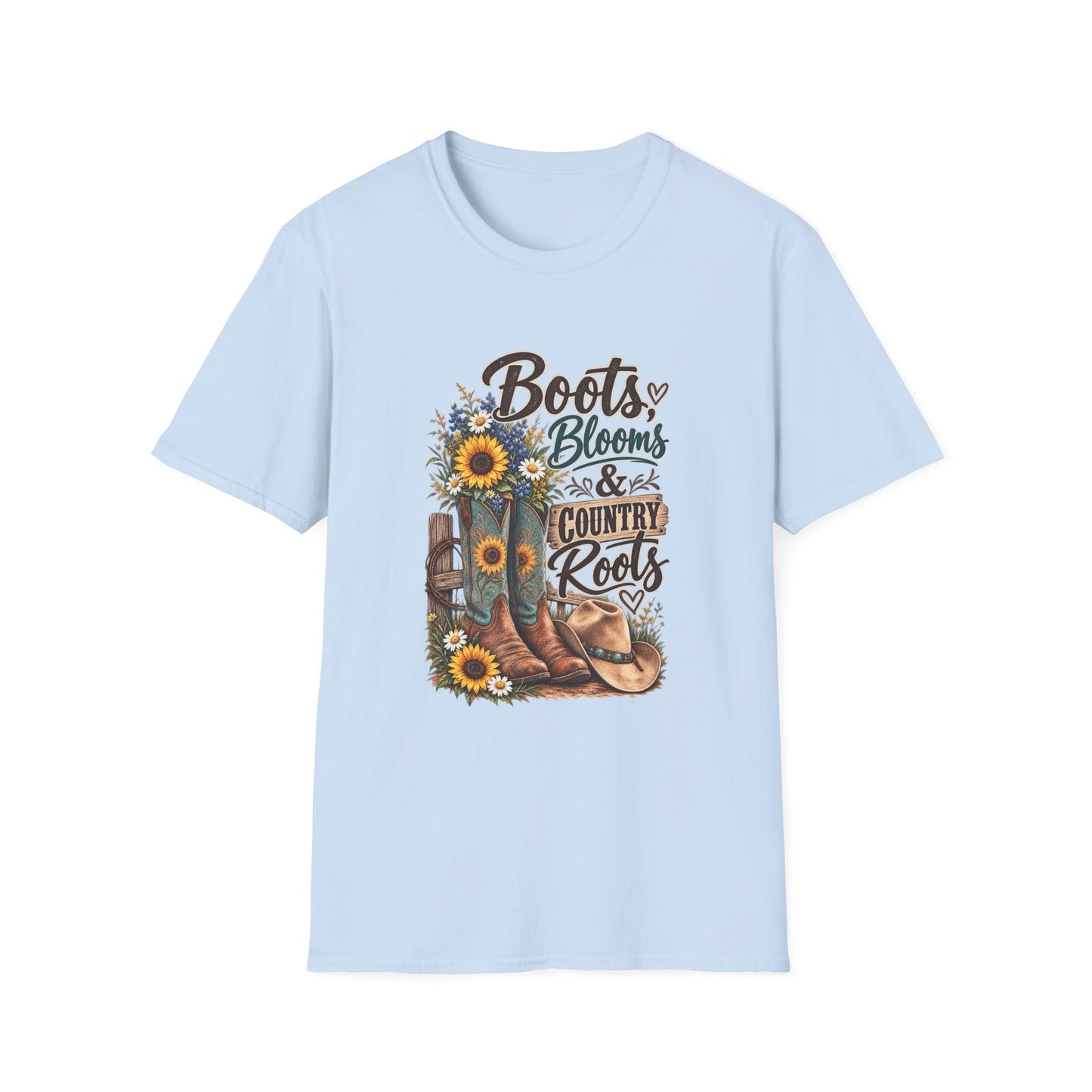 Boots, Blooms & Country Roots T-Shirt — Sunflower Cowboy Boot Graphic Tee