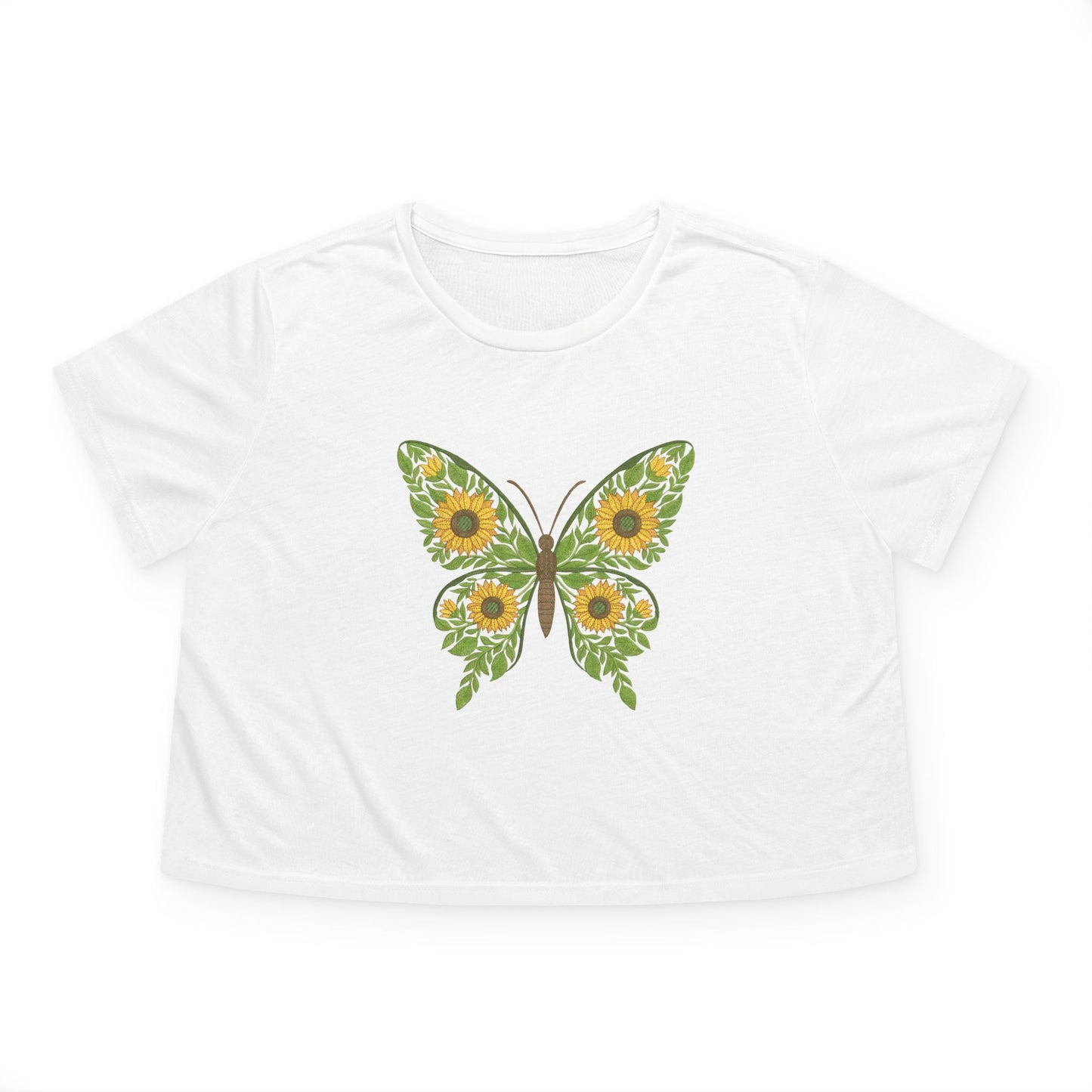 Sunflower Butterfly Cropped Tee — Floral Butterfly Graphic Top for Women