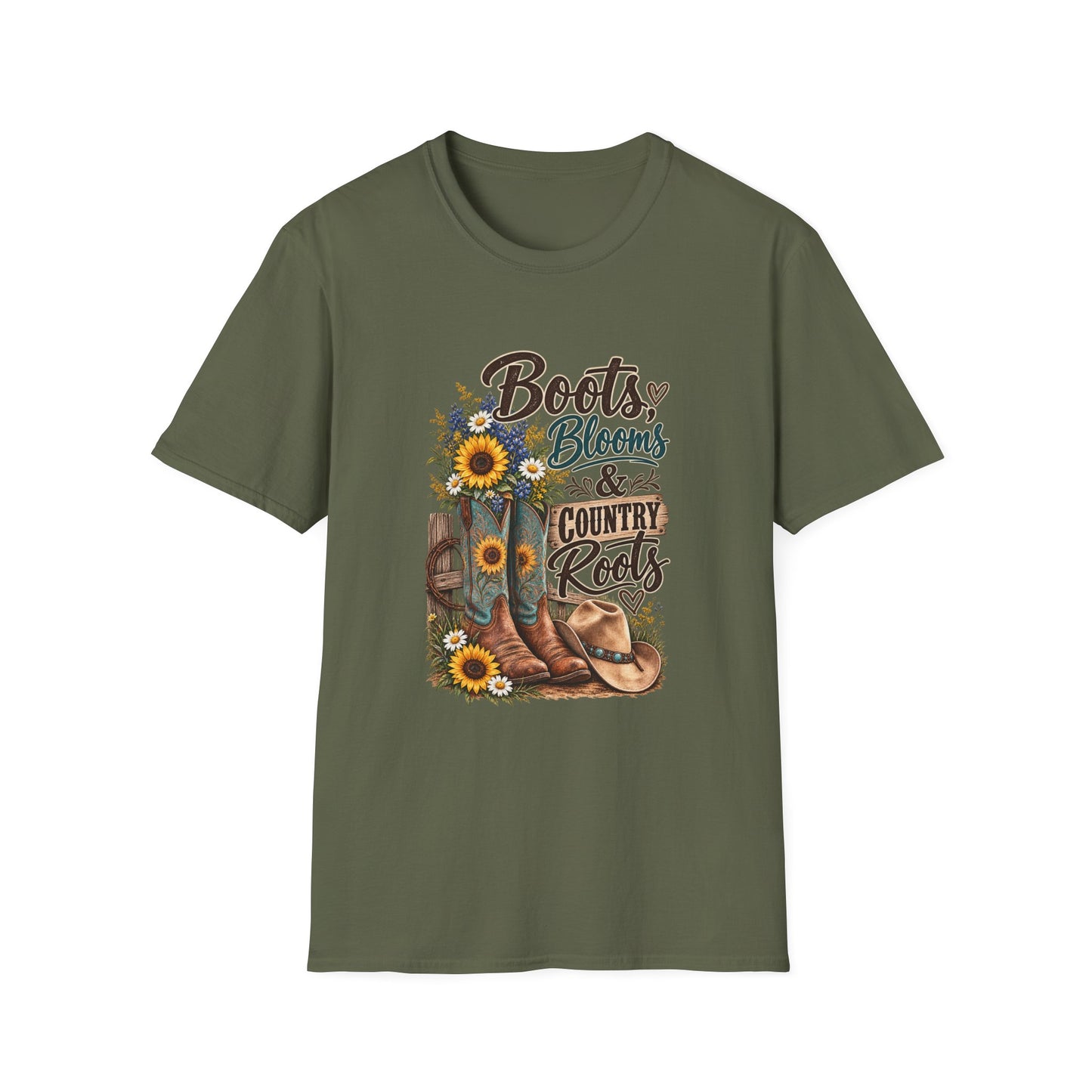 Boots, Blooms & Country Roots T-Shirt — Sunflower Cowboy Boot Graphic Tee