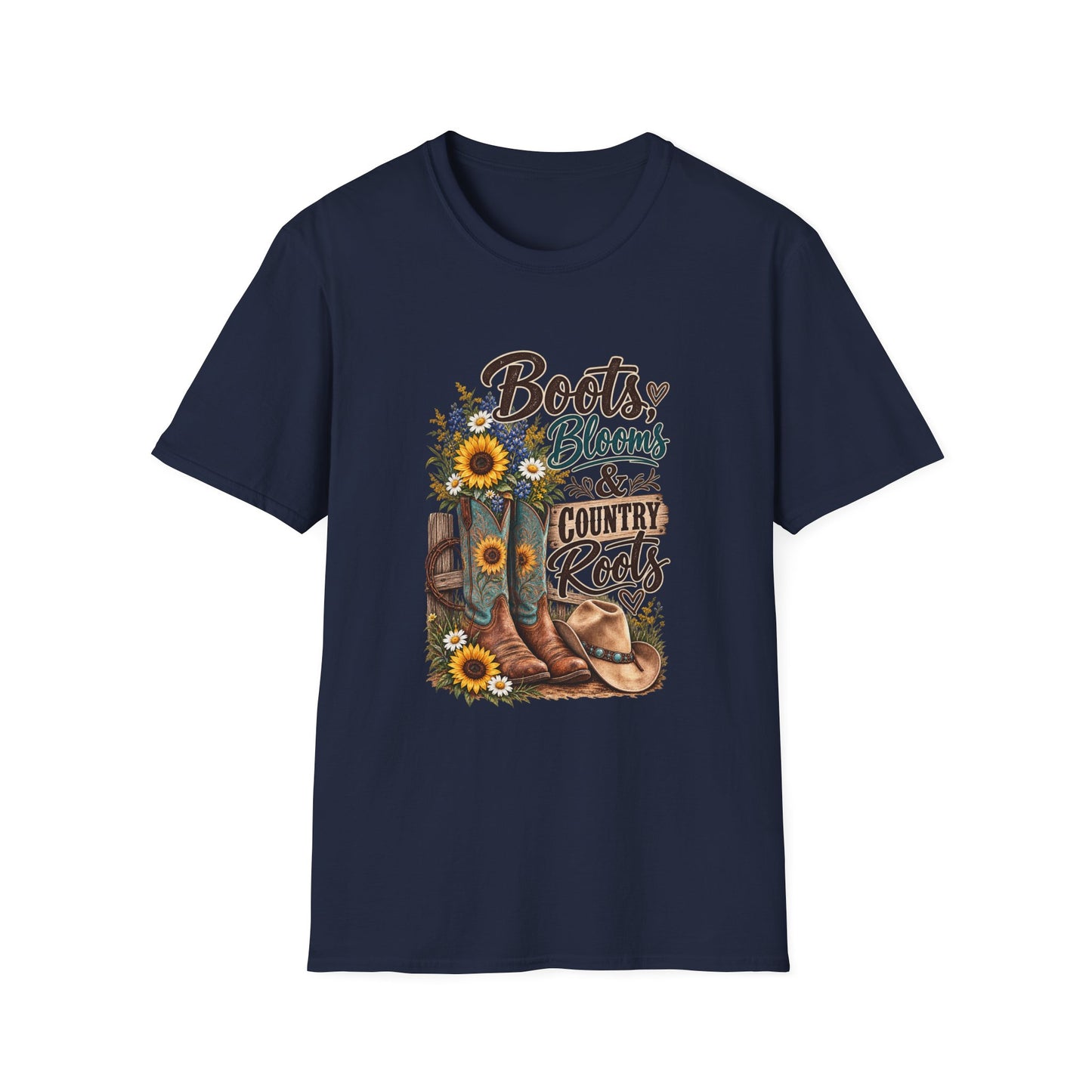 Boots, Blooms & Country Roots T-Shirt — Sunflower Cowboy Boot Graphic Tee