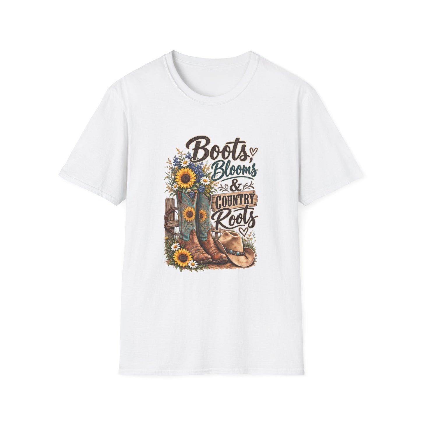 Boots, Blooms & Country Roots T-Shirt — Sunflower Cowboy Boot Graphic Tee