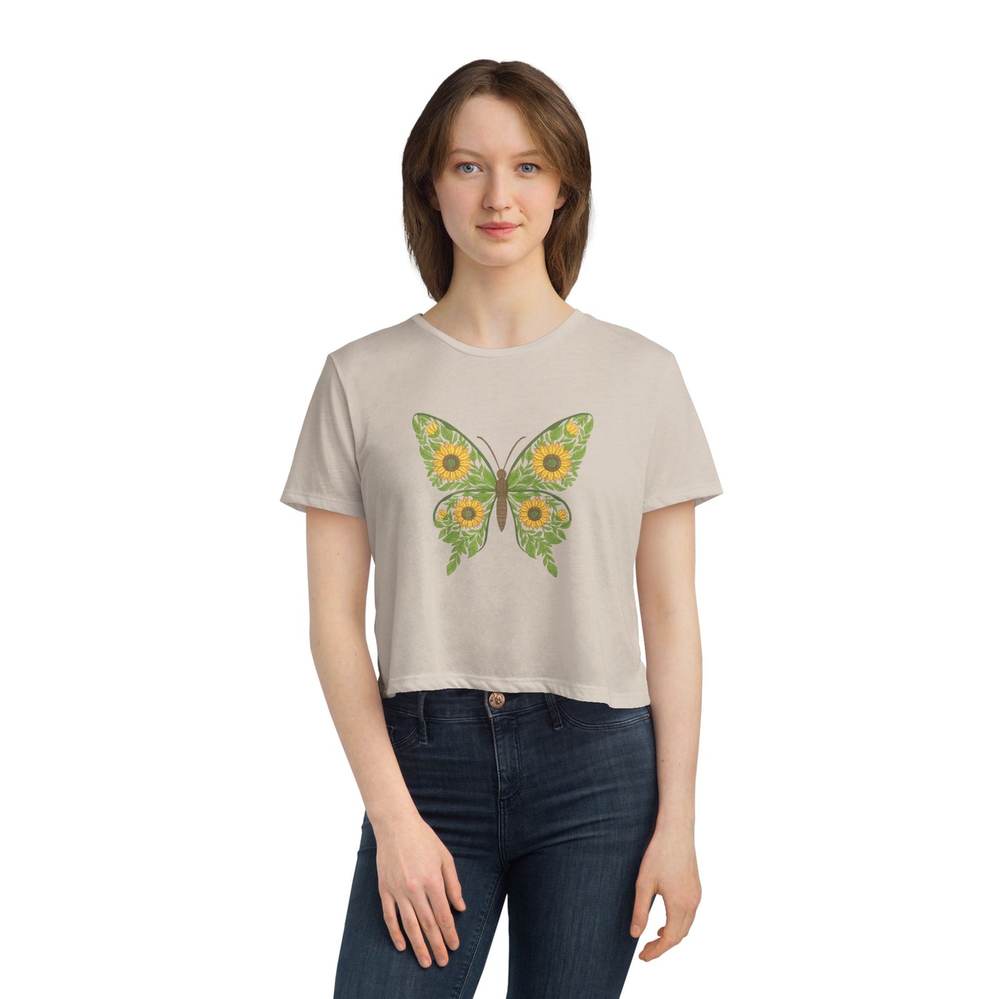 Sunflower Butterfly Cropped Tee — Floral Butterfly Graphic Top for Women