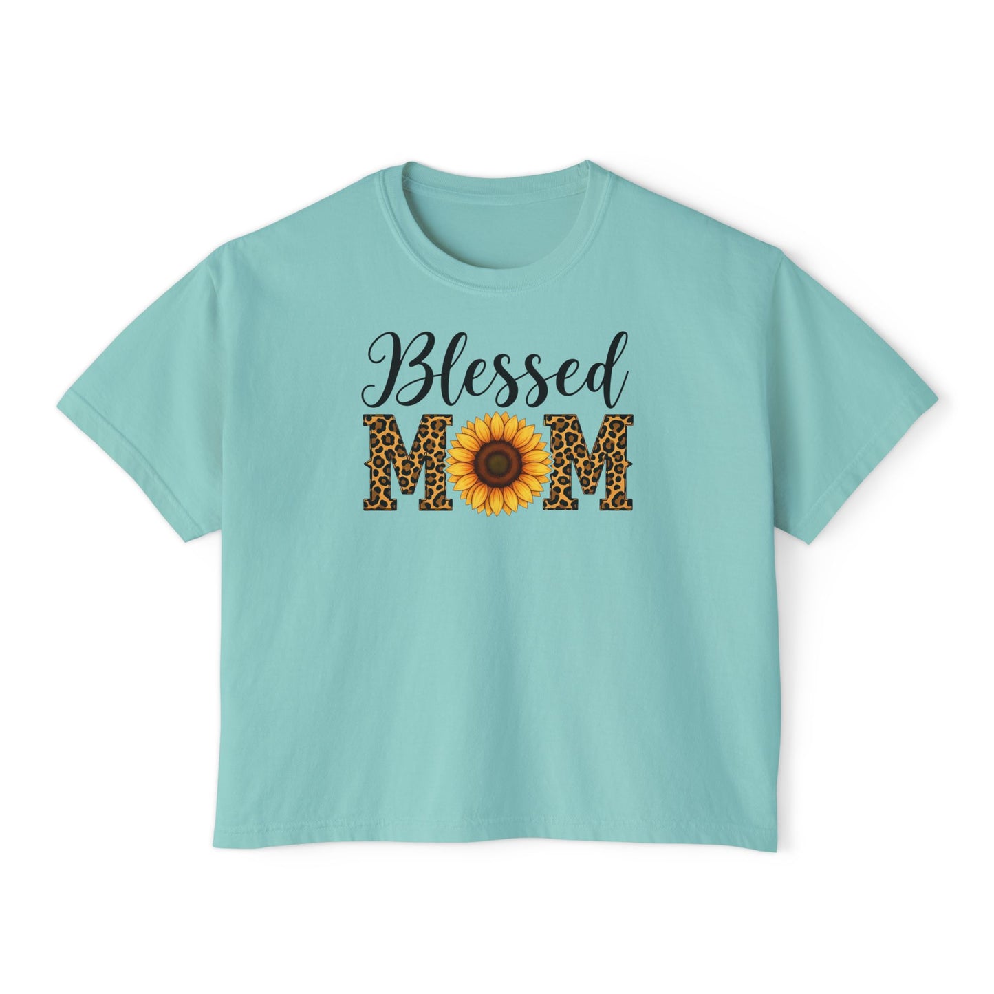 Blessed Mom Boxy Tee — Sunflower & Leopard Mother's Day Shirt