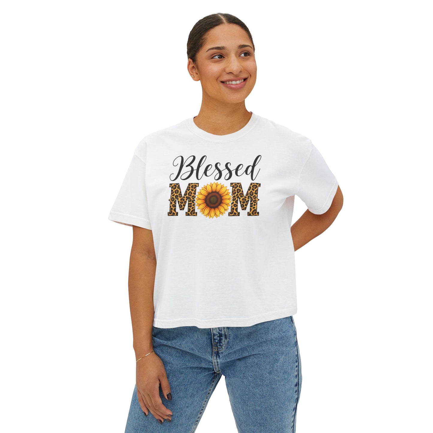 Blessed Mom Boxy Tee — Sunflower & Leopard Mother's Day Shirt