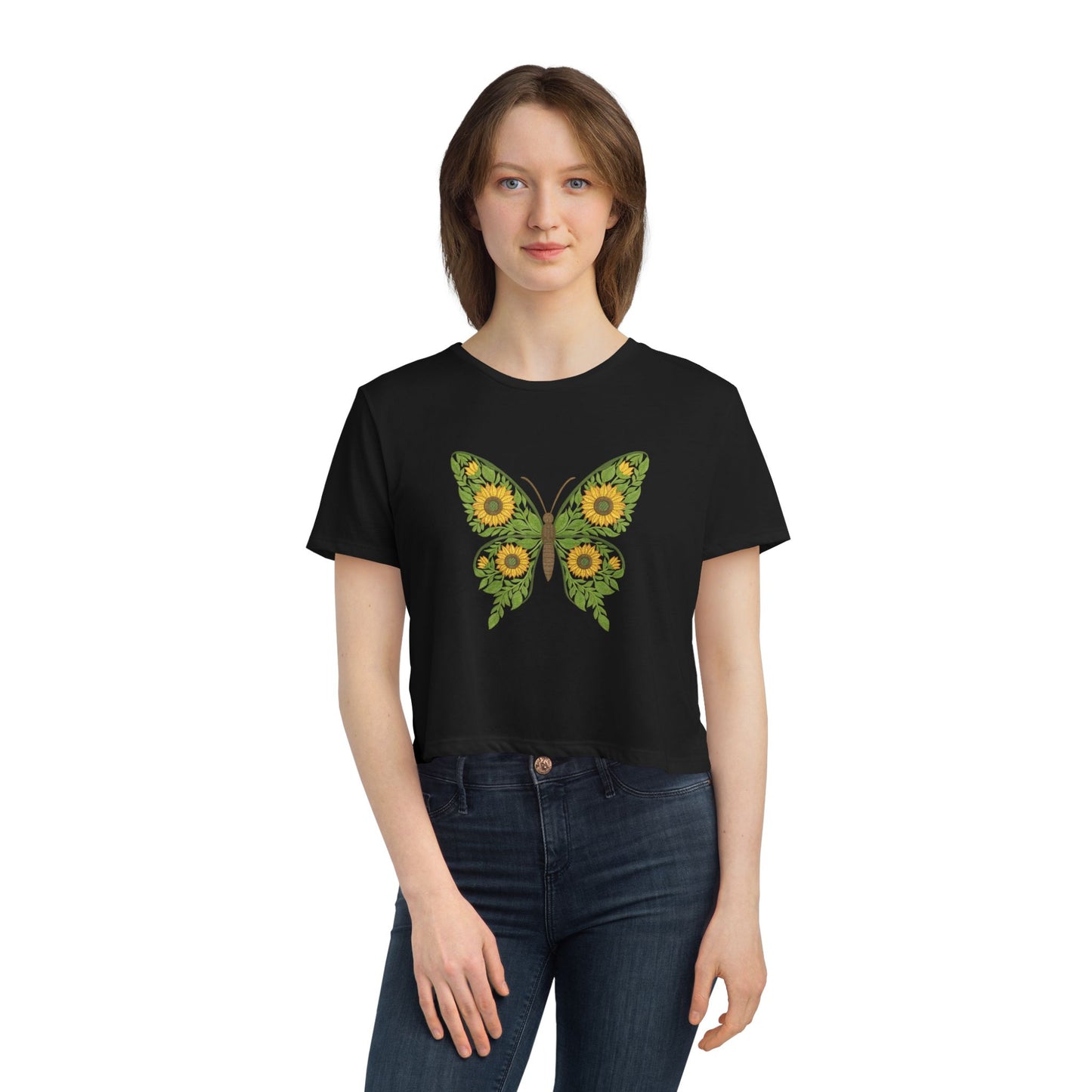 Sunflower Butterfly Cropped Tee — Floral Butterfly Graphic Top for Women