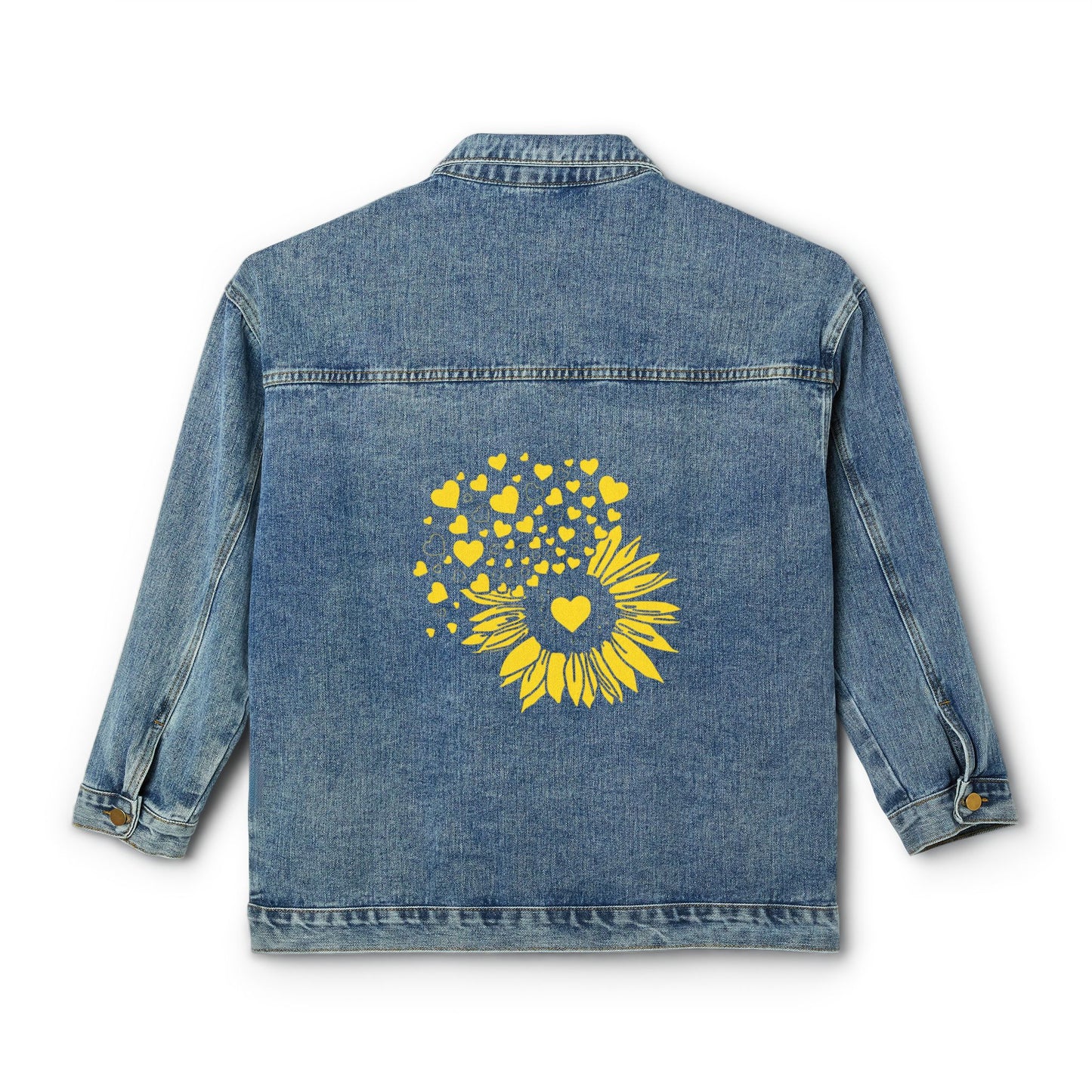Women's Denim Jacket with Yellow Sunflower & Heart Back Print — Cute Casual Spring Jacket
