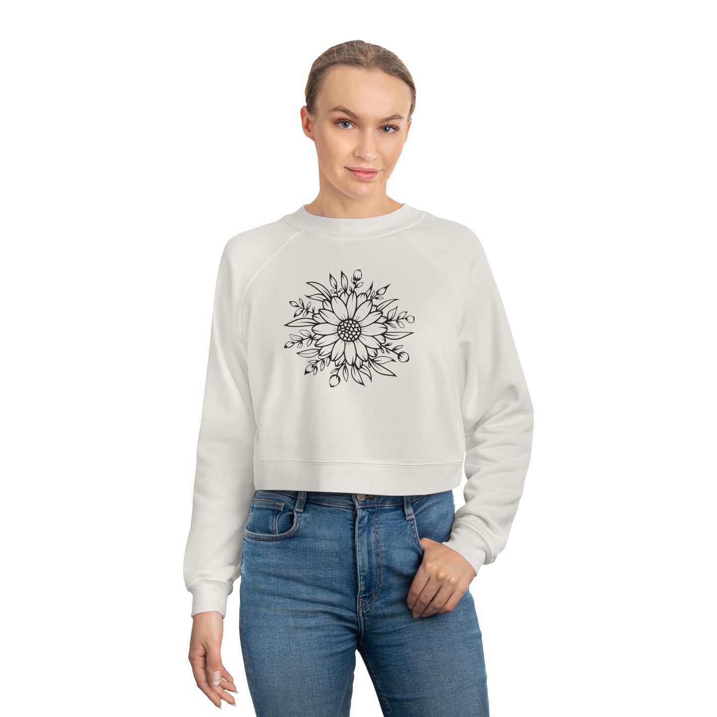 Cropped Pullover — Hand-Drawn Sunflower Line Art Sweatshirt