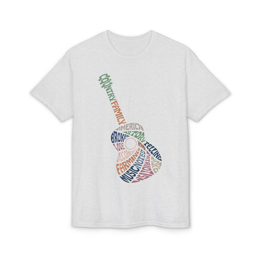 Acoustic Word Art Guitar T-Shirt — Retro Typography Music Tee