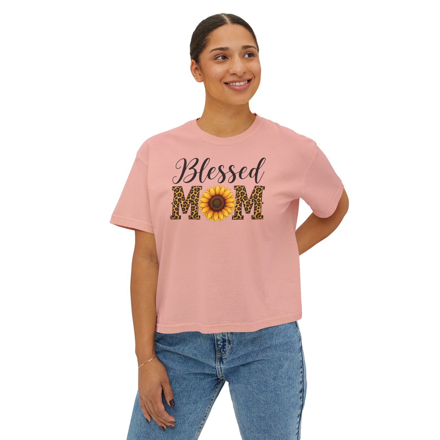 Blessed Mom Boxy Tee — Sunflower & Leopard Mother's Day Shirt