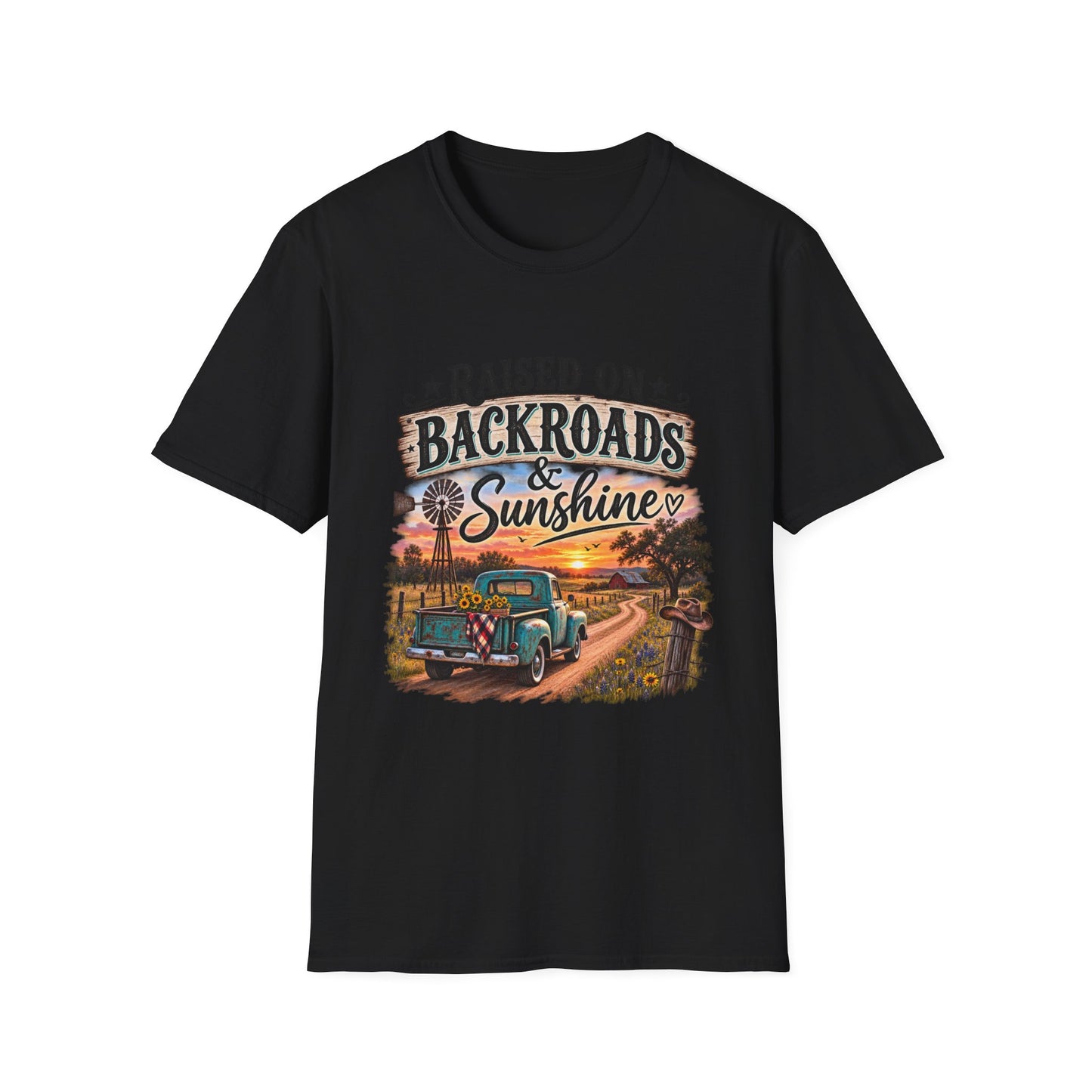 Raised on Backroads & Sunshine T-Shirt — Vintage Country Sunset Tee