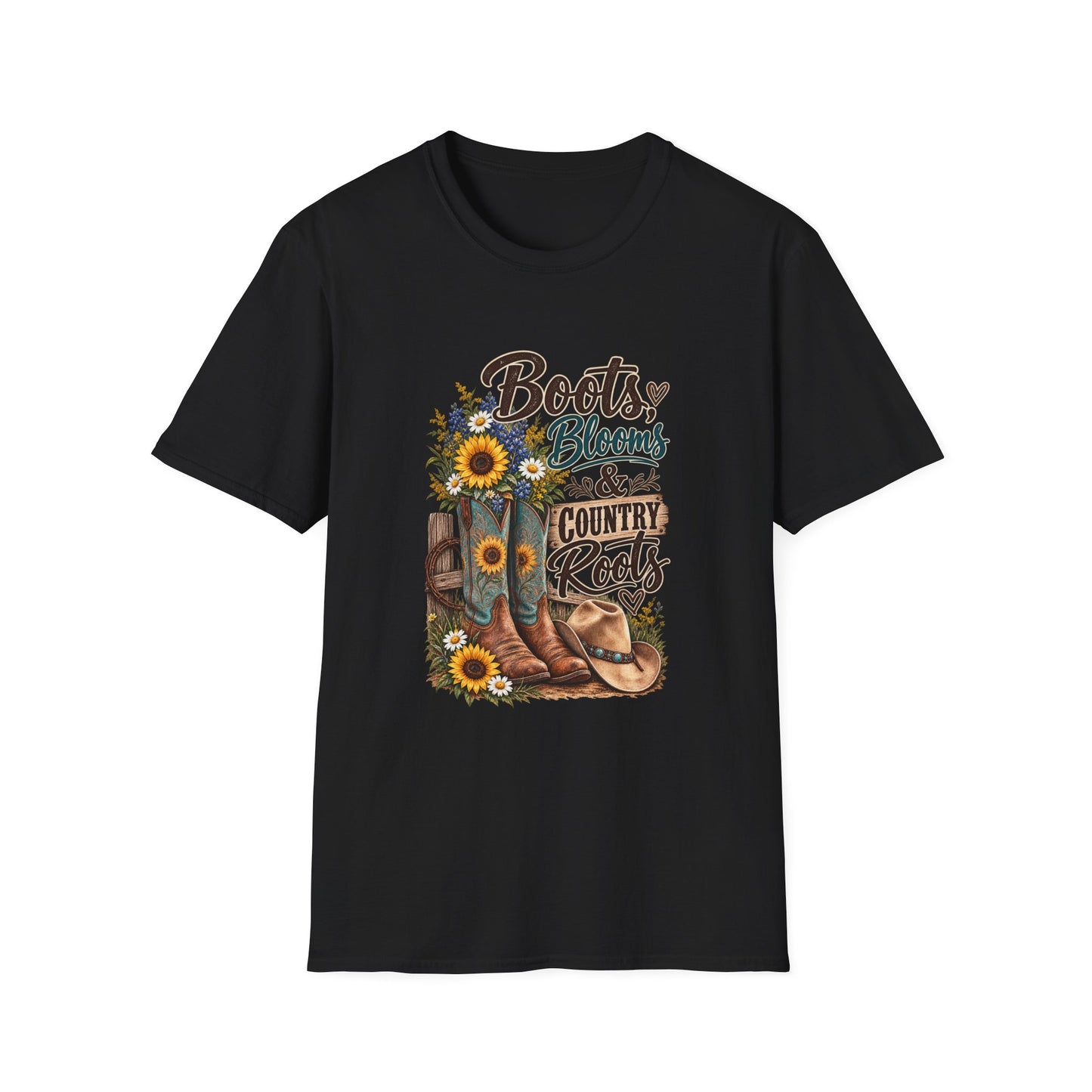 Boots, Blooms & Country Roots T-Shirt — Sunflower Cowboy Boot Graphic Tee