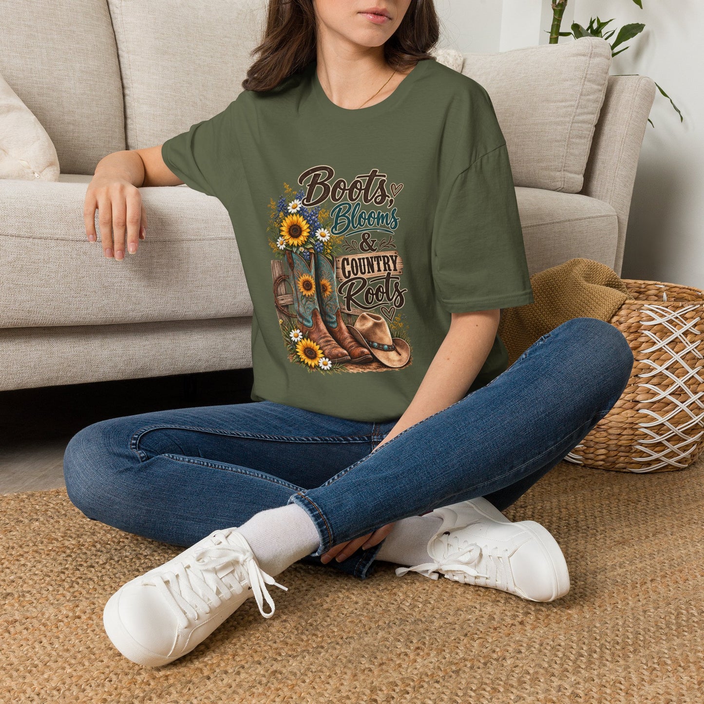 Boots, Blooms & Country Roots T-Shirt — Sunflower Cowboy Boot Graphic Tee