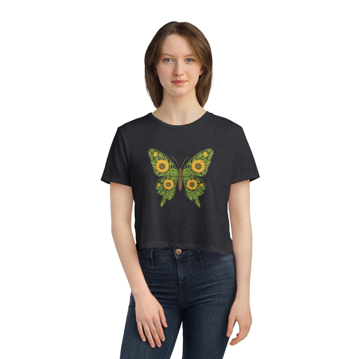 Sunflower Butterfly Cropped Tee — Floral Butterfly Graphic Top for Women