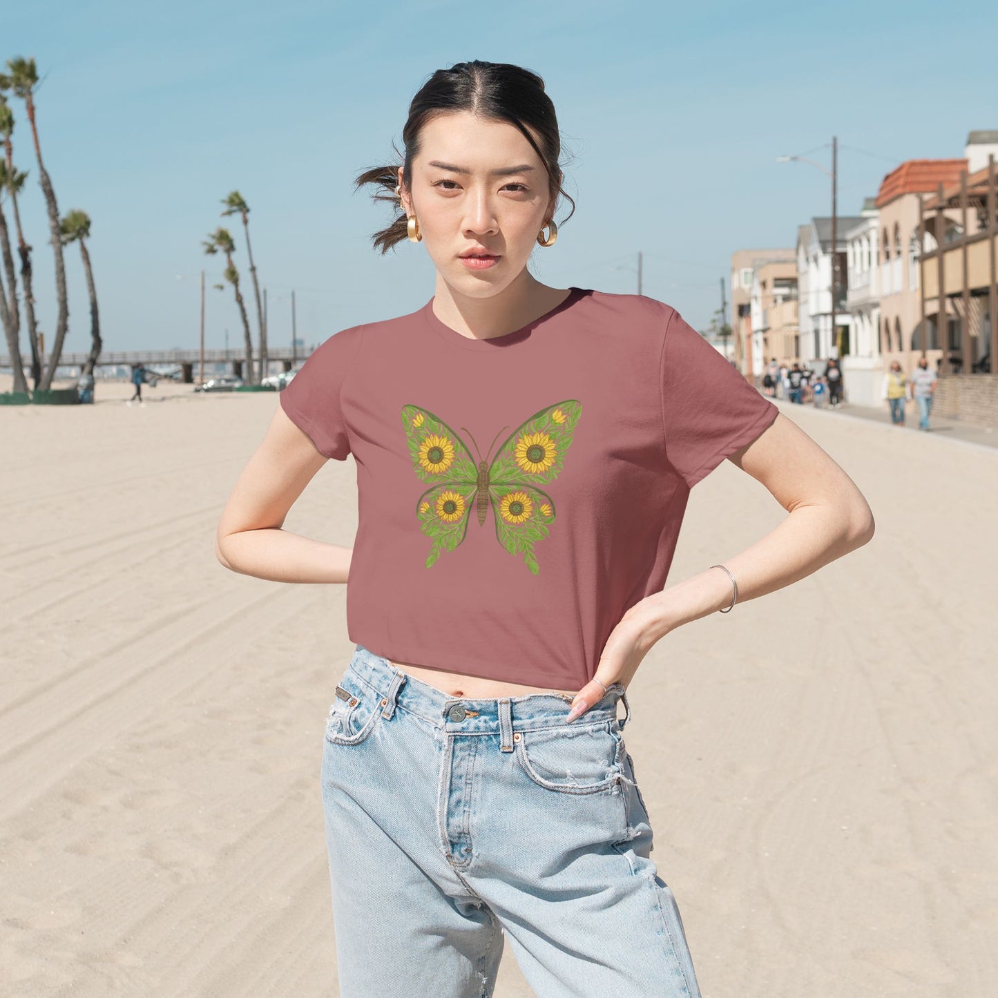 Sunflower Butterfly Cropped Tee — Floral Butterfly Graphic Top for Women