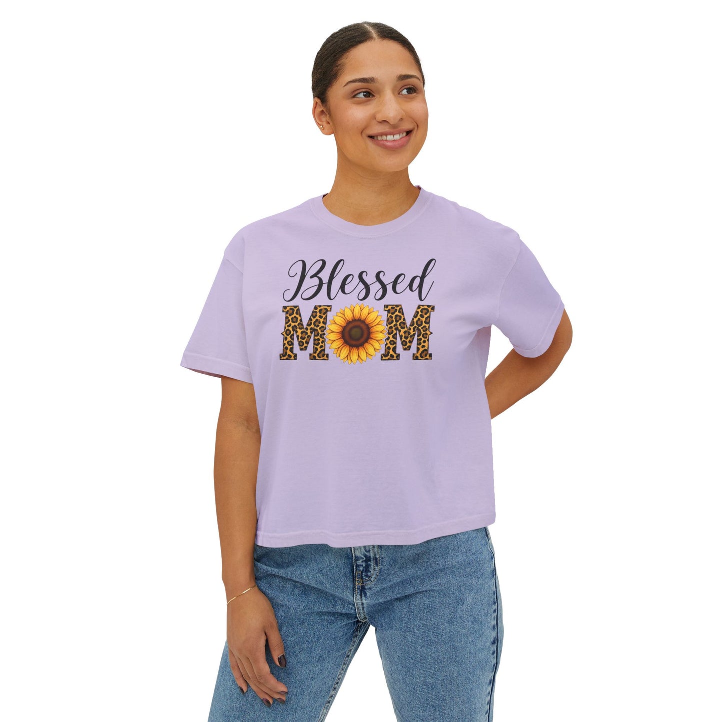 Blessed Mom Boxy Tee — Sunflower & Leopard Mother's Day Shirt