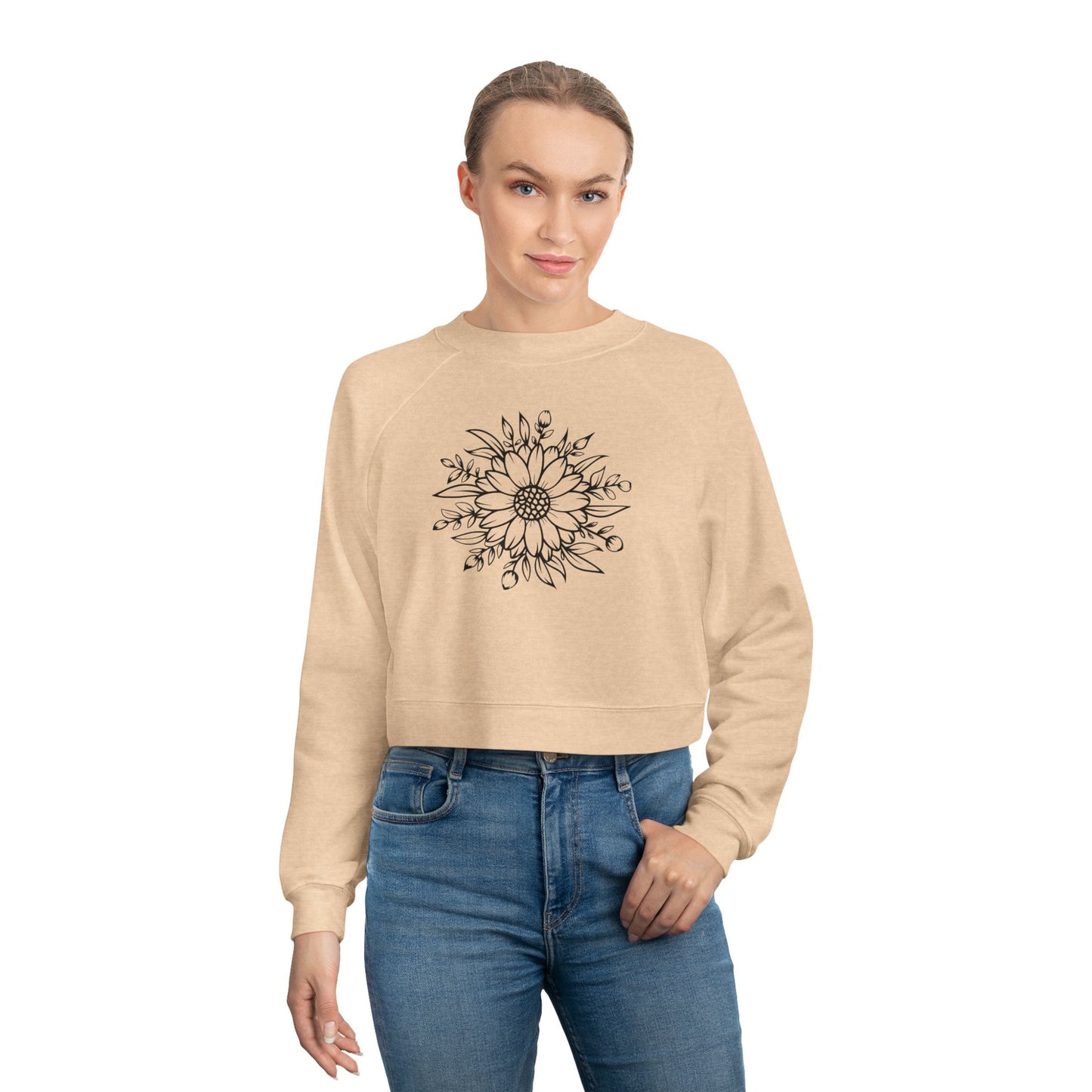 Cropped Pullover — Hand-Drawn Sunflower Line Art Sweatshirt